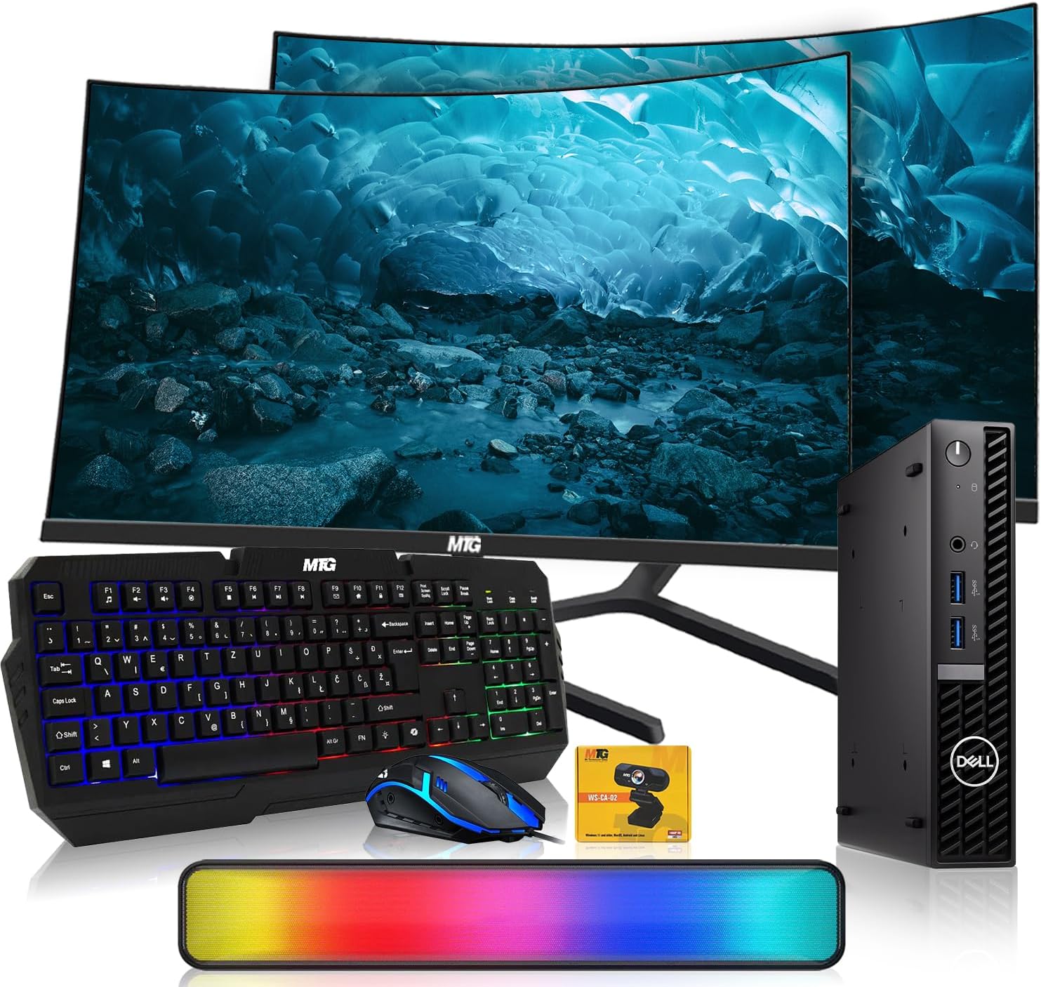 Dell Optiplex Tiny Mini Desktop PC, Intel Core i5, 32GB RAM, 1TB SSD Dual with 24 inch Curved Monitor, AI Enabled RGB Keyboard Mouse, RGB Soundbar and Webcam Windows 11 Pro (Renewed)