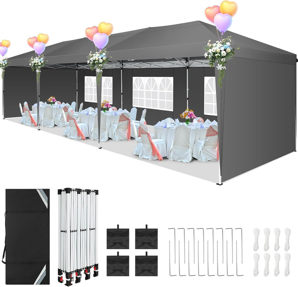 COBIZI 10x30 Pop Up Canopy Tent with 5 Sidewalls Party Tents for Parties Wedding Backyard Waterproof Outdoor Commercial Canopy Event with Sandbags, Gray