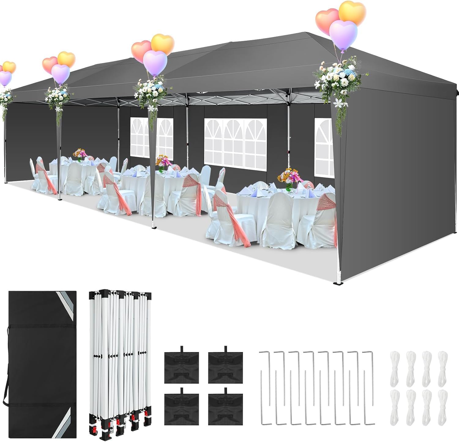 COBIZI 10x30 Pop Up Canopy Tent with 5 Sidewalls Party Tents for Parties Wedding Backyard Waterproof Outdoor Commercial Canopy Event with Sandbags, Gray
