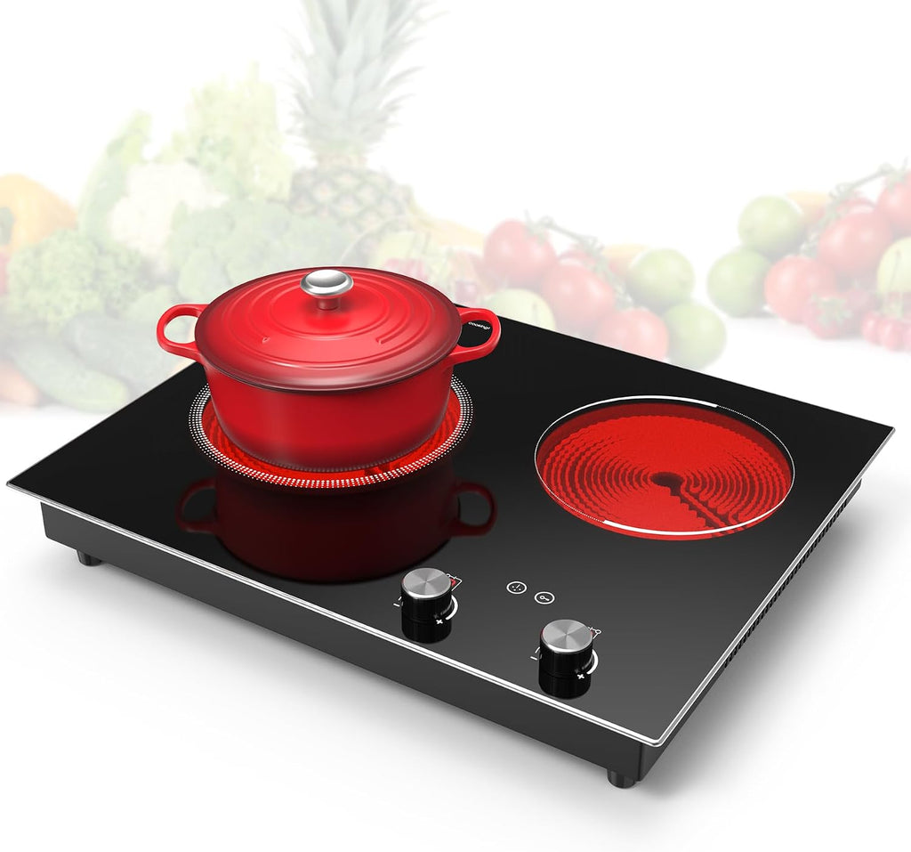 GIHETKUT Electric Cooktop,1110V 2100W 2 Burner stove,Built-in & Countertop Stove Top with10 Heating Level, Timer & Kid Safety Lock, LED Knob Touch Control 2 Burner Electric Cooktop