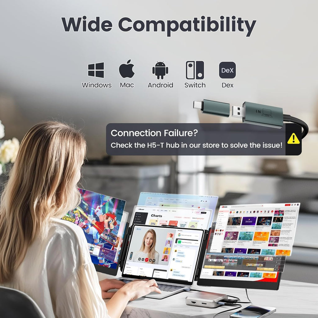 Teamgee 14' Laptop Screen Extender, FHD 1080P IPS Triple Portable Monitor for 13''-17' (Diagonal) Laptop, HDMI/USB-A/Type-C Plug & Play, Built-in Speakers & Adjustable Stand, for Mac/Wins/Android/Dex