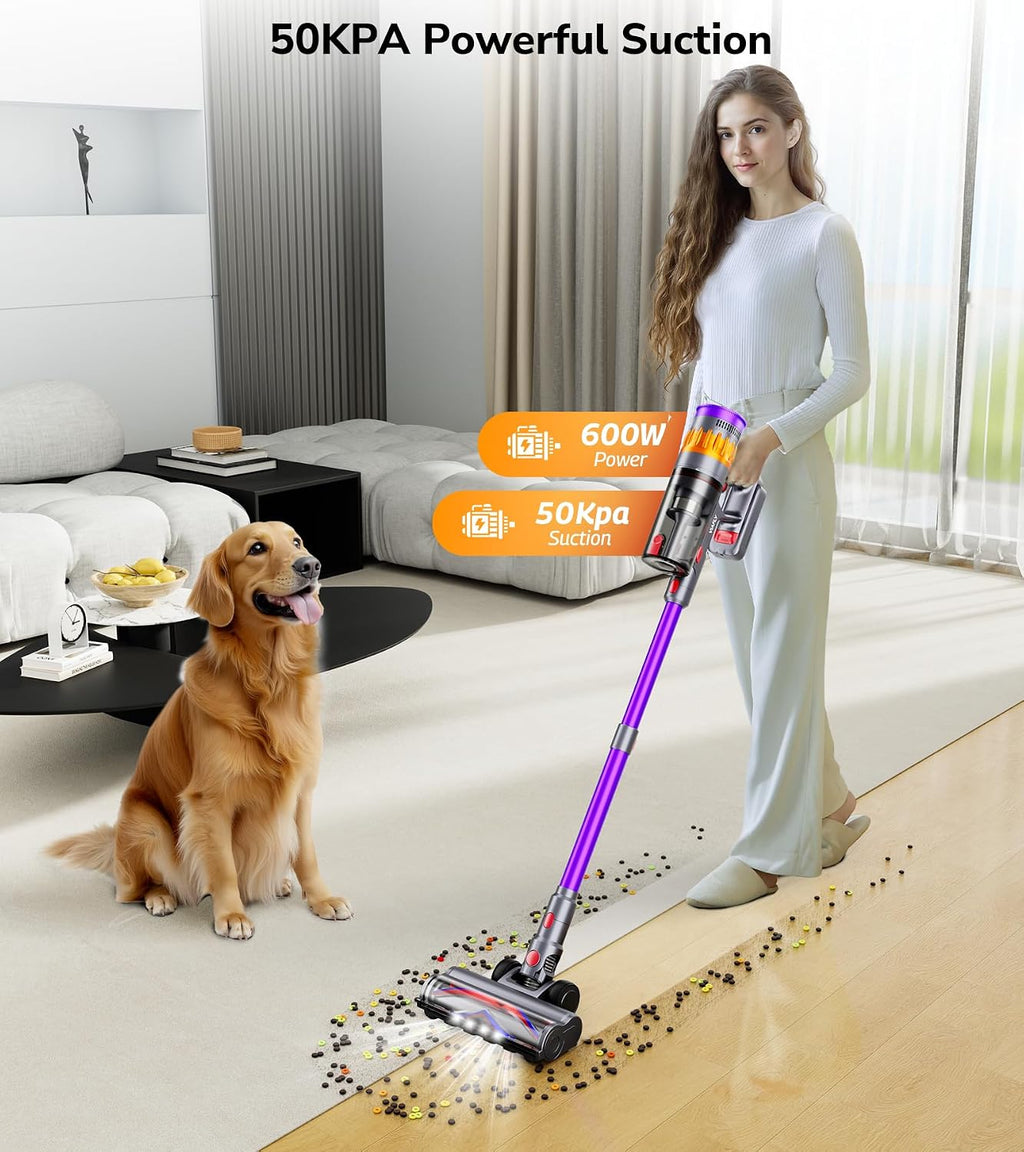 Cordless Vacuum Cleaner, 600W 50Kpa 70 Mins Vacuum Cleaners for Home, Self-Standing Stick Vacuum with LED Display, Wall Dock, Anti-Tangle Wireless Vacuum for Pet Hair Carpet Hardwood Floor
