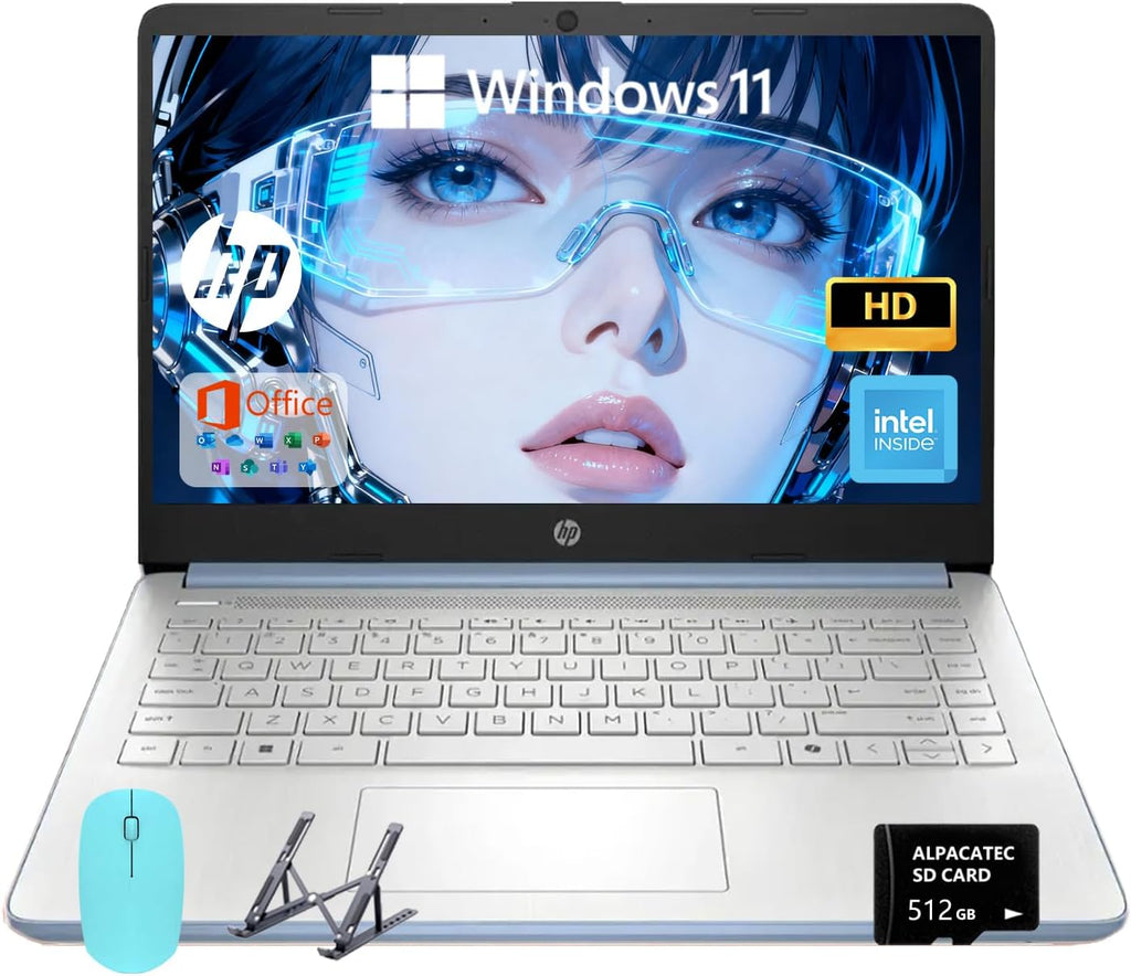 HP 14 Elite Laptop, 16GB RAM, 1.12TB Total Storage (128GB UFS+1TB Cloud), Sky Blue, Office 365, Intel 4-Core, Win11, Copilot AI, 11Hr Battery, Alpacatec Mouse