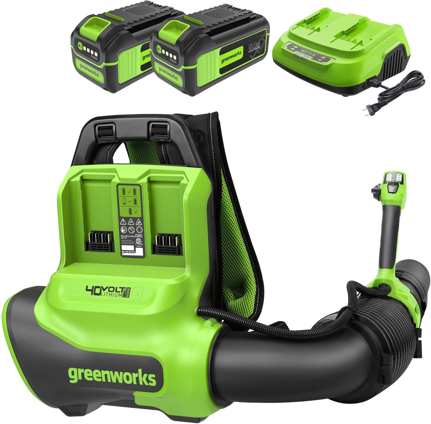Greenworks 40V (710 CFM / 175 MPH) Brushless Backpack Blower, High Power for Wet Leaves, Heavy Debris, Gravel and Driveway Snow, Includes (2) 5.0Ah HP Batteries & 4A Dual Charger