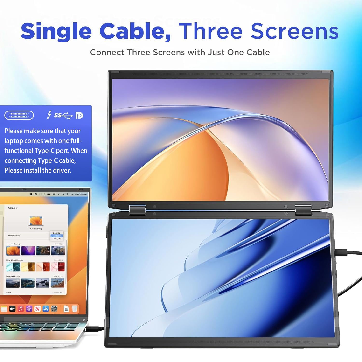 Maxfree Laptop Screen Extender, 15.6'' FHD 1080P Dual Portable Monitor with USB C, HDMI, Plug & Play, VESA Mountable, Lightweight, Dual Monitor for Laptop Windows Mac(M1/M2/M3 chip) Android Ps4 Switch