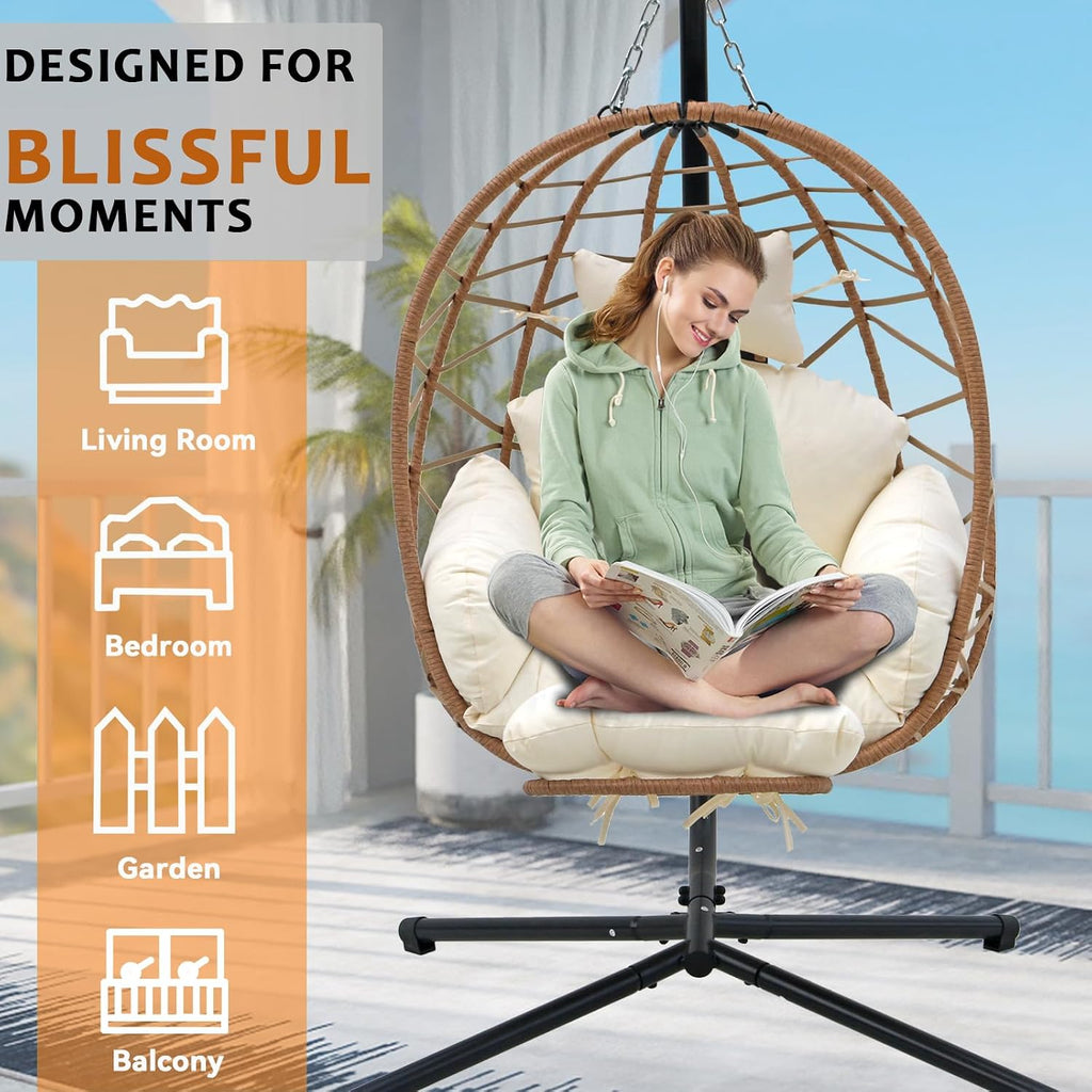 Outdoor Egg Chair with Sturdy Tripod Hammock Leg Rest and Hanging Lounge Chair Swinging Rattan Wicker Swing for Cozy Bedroom Balcony Garden Patio Porch Indoor Use
