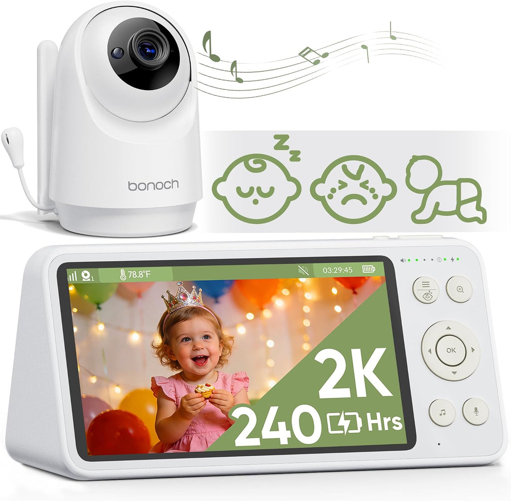bonoch 2K 5.5' Baby Monitor No WiFi, 1600ft Long Range Video Baby Monitor with Camera and Audio, 240h Battery, White Noise, Hack-Proof, Night Vision, Smart Detect for Cry/Sleep Turnover/Motion