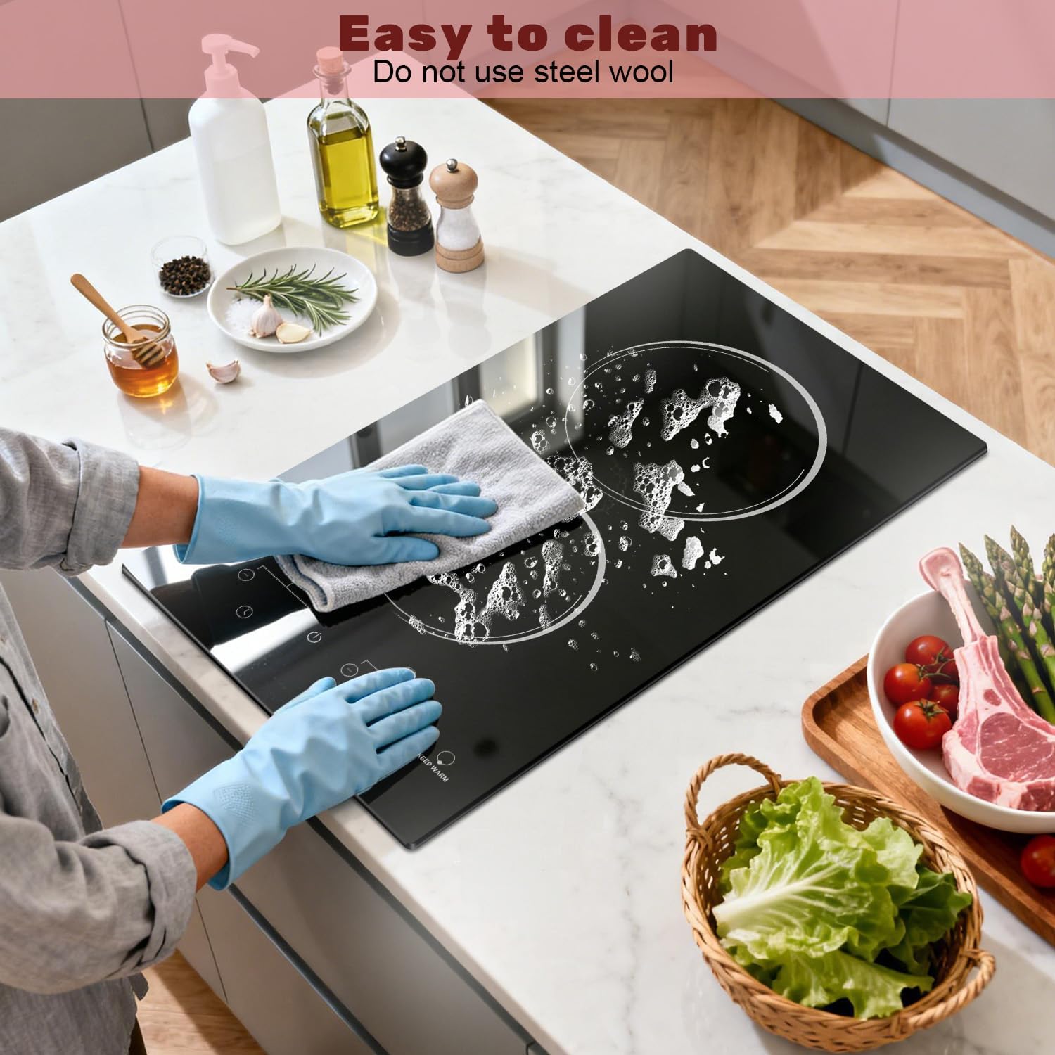 2 Burner Electric Cooktop 2000W, 12 Inch Electric Cook Top Plug in 110V, Electrics Stove with Touch Control, Countertop & Built-in Ceramic Stovetop, 9 Heating Level, Timer, Residual Heat Indicator