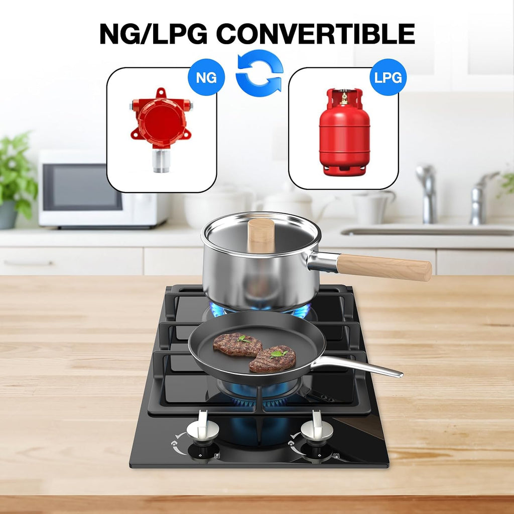 Gas Stove 2 Burner Propane Cooktop 12 inch, Nafewin Tempered Glass Portable Gas Cooktop Stove Burner with Thermocouple Protection, Lpg/Ng Dual Fuel Built-in Hob for Apartments, Outdoor, Rvs