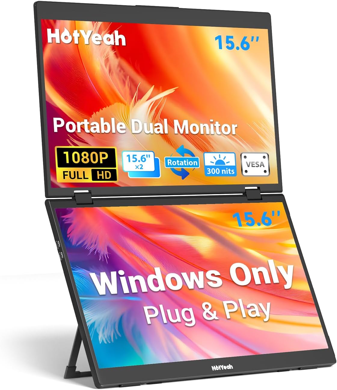 HotYeah Triple Laptop Screen Extender, 15.6' 1080P FHD IPS Folding Stacked Portable Dual Monitor, USB-C Travel Extended Computer Display w/VESA, 180° Rotation, Plug & Play (Windows Only)