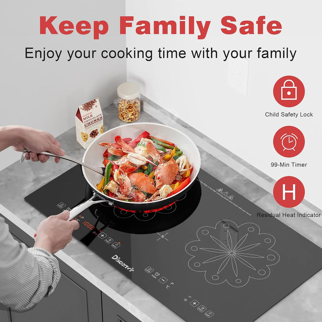 2 Burner Electric Cooktop - 24 Inch Electric Stove Built-in(23'x13') and Countertop(24'x14'), Two Burner Ceramic Cook Top with Child Lock, Timer, Sensor Touch Control, 110V Plug in