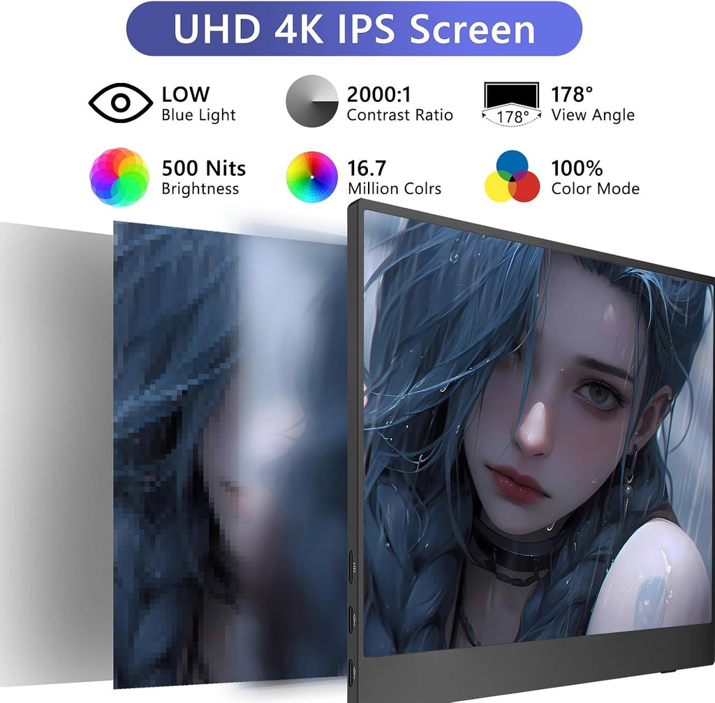 4K Portable Monitor, 15.6 Inch Screen Extender 3240×2160 UHD, 500 Nits 100% sRGB with 45° Adjustable Stand, HDMI & USB-C Computer Display for Travel Monitor Laptop & PC Mac Phone PS4 PS5 Switch