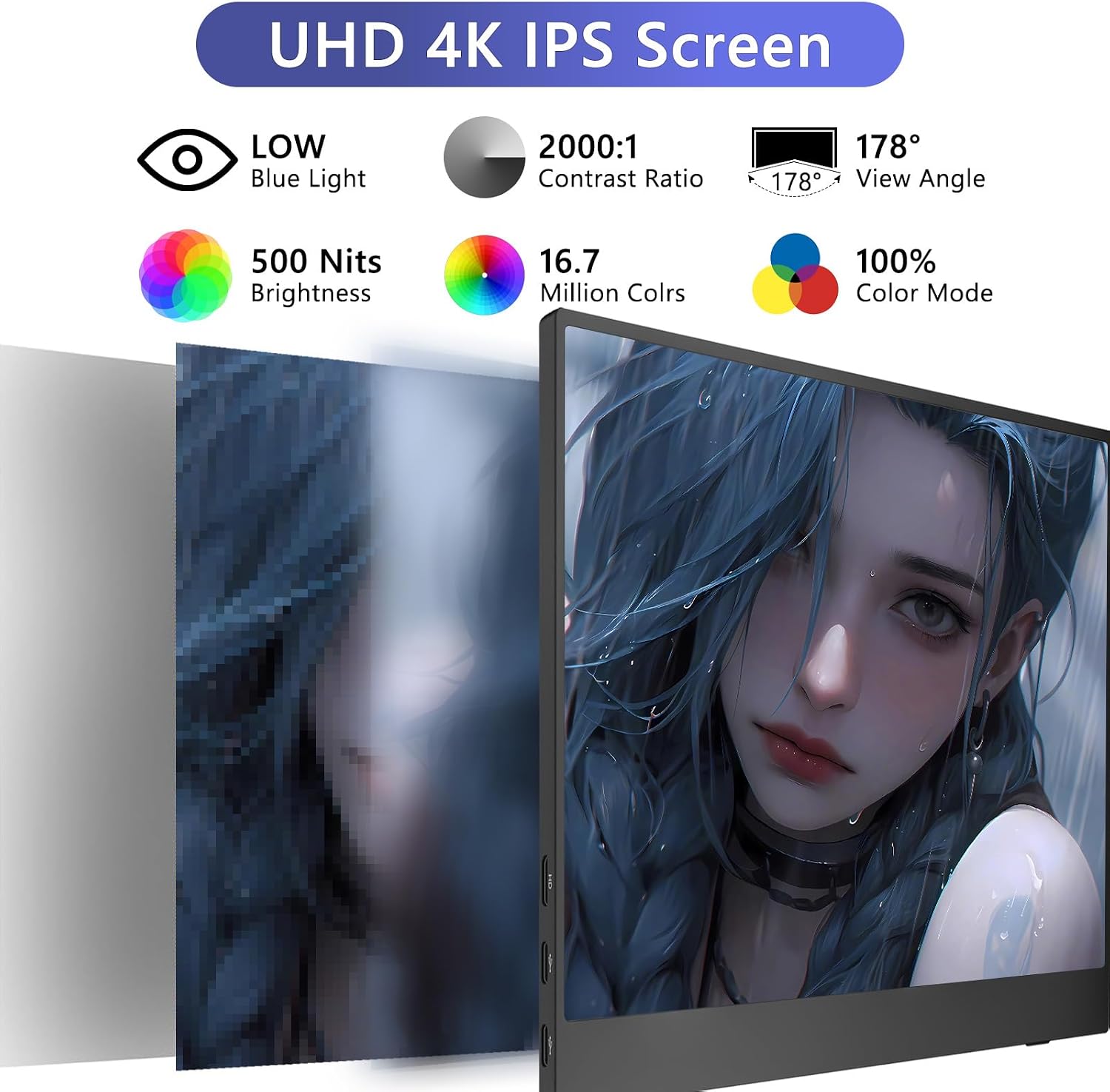 4K Portable Monitor, 15.6 Inch Screen Extender 3240×2160 UHD, 500 Nits 100% sRGB with 45° Adjustable Stand, HDMI & USB-C Computer Display for Travel Monitor Laptop & PC Mac Phone PS4 PS5 Switch