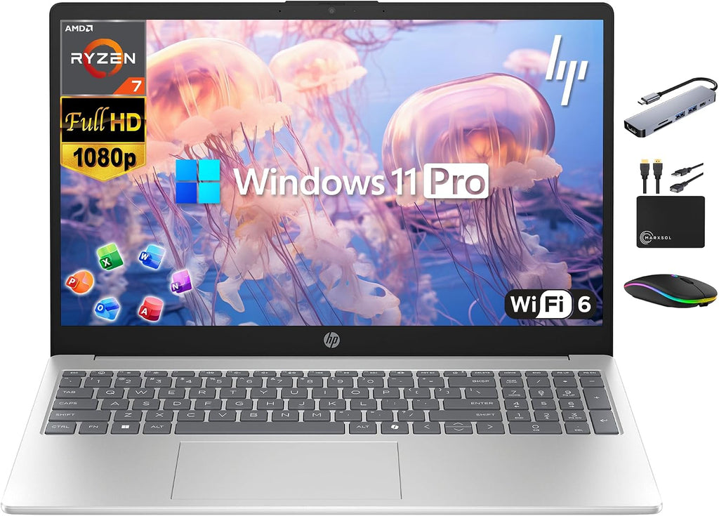 HP Laptop for 2025-2026 Home Student Business, Lifetime MS Office, AI Computer, 15.6' FHD, AMD Ryzen 7, 16GB RAM, 1TB Storage (512GB SSD+500GB Ext), Wi-Fi 6, Privacy Cam, MarxsolAccessory, Win 11 Pro