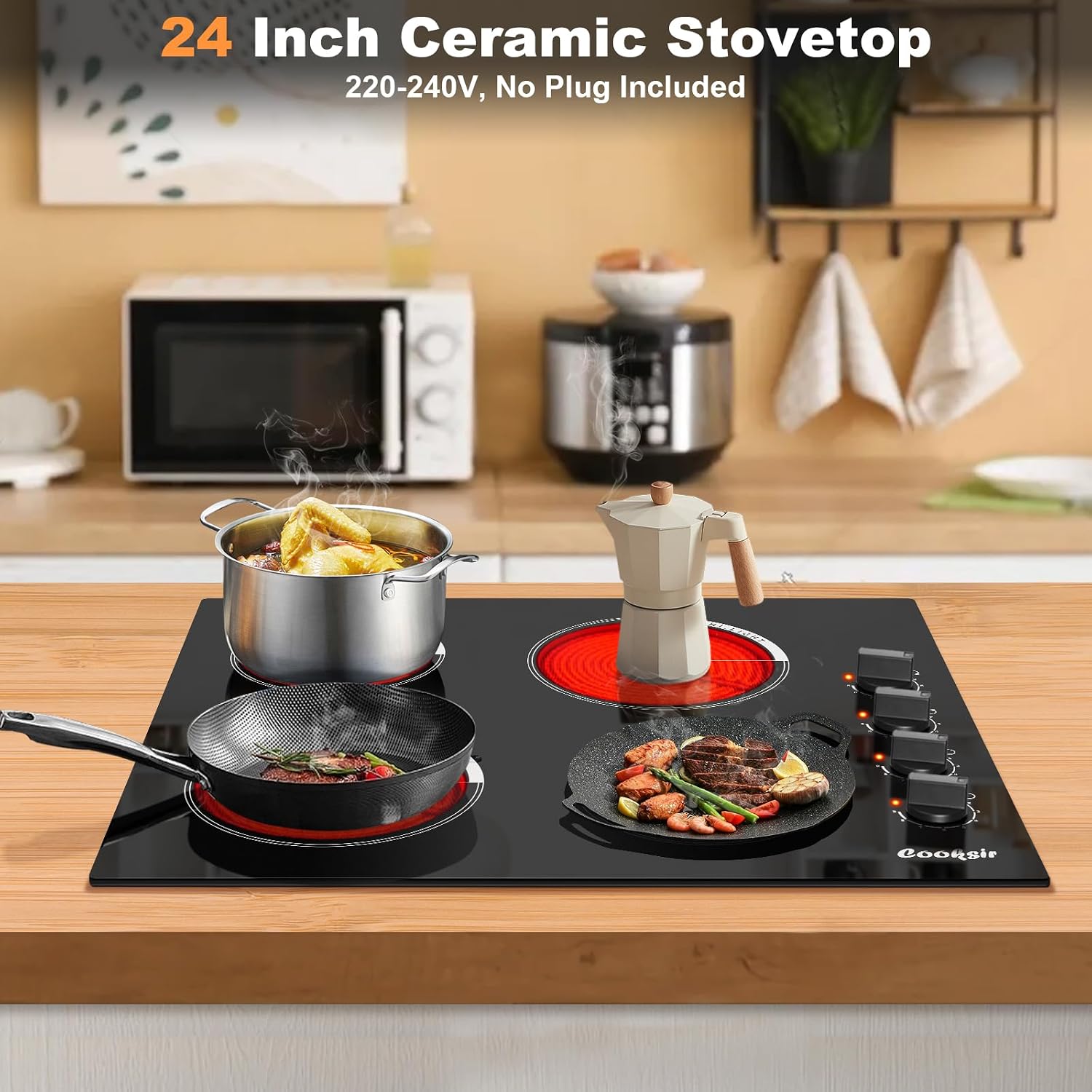 Electric Cooktop 24 Inch - 4 Burner Built-in Electric Stove Top 6000W, Radiant Electrical Stovetop with 9 Heating Level, Knob Control, Auto Shut Off Protection, 220-240V Hard Wired (No Plug)