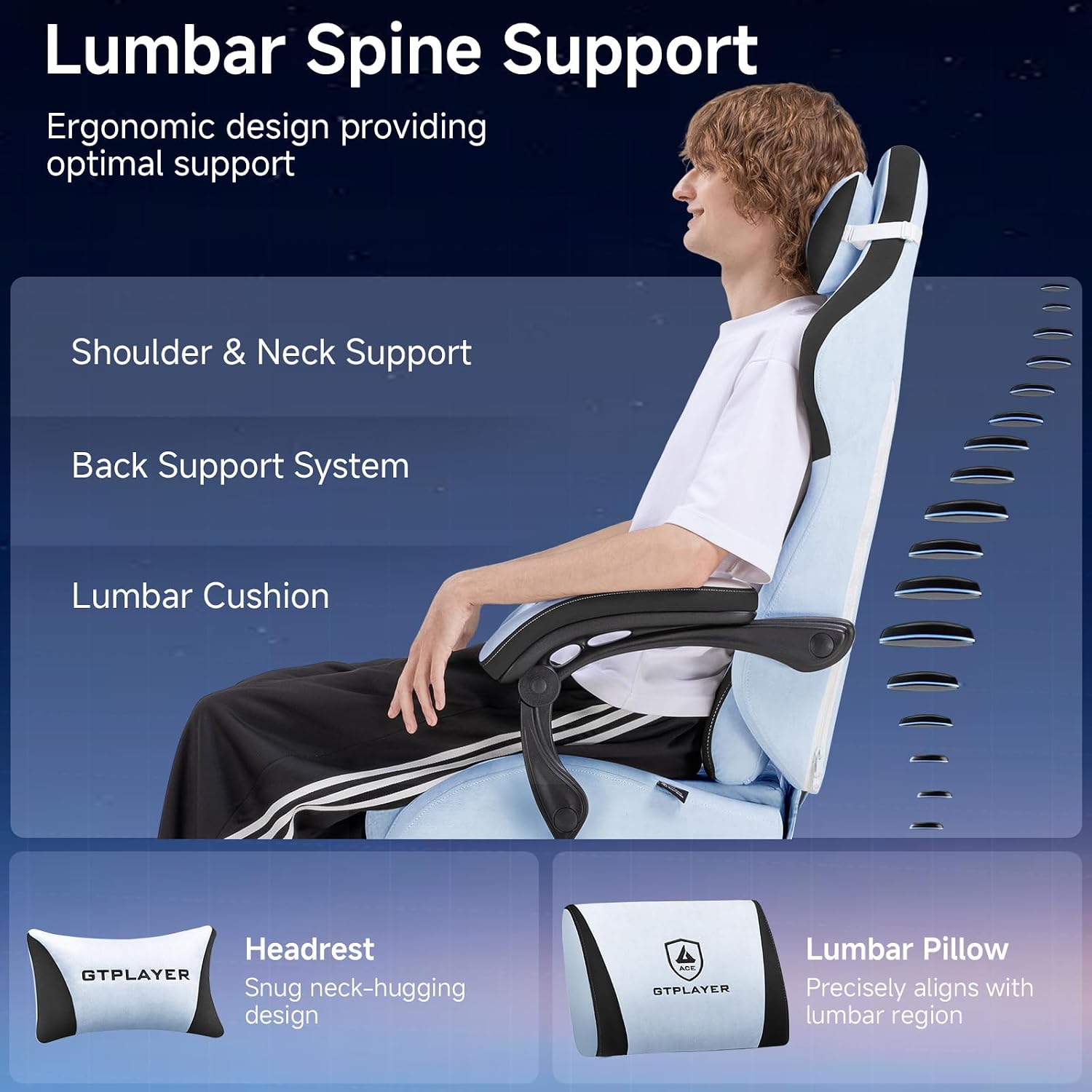 GTPLAYER Gaming Chair, Video Game Chairs with Footrest and Lumbar Support, Computer Chair for Adults with Extended Backrest, Ergonomic Reclining Silla Gamer, Velvet Fabric, Light Blue