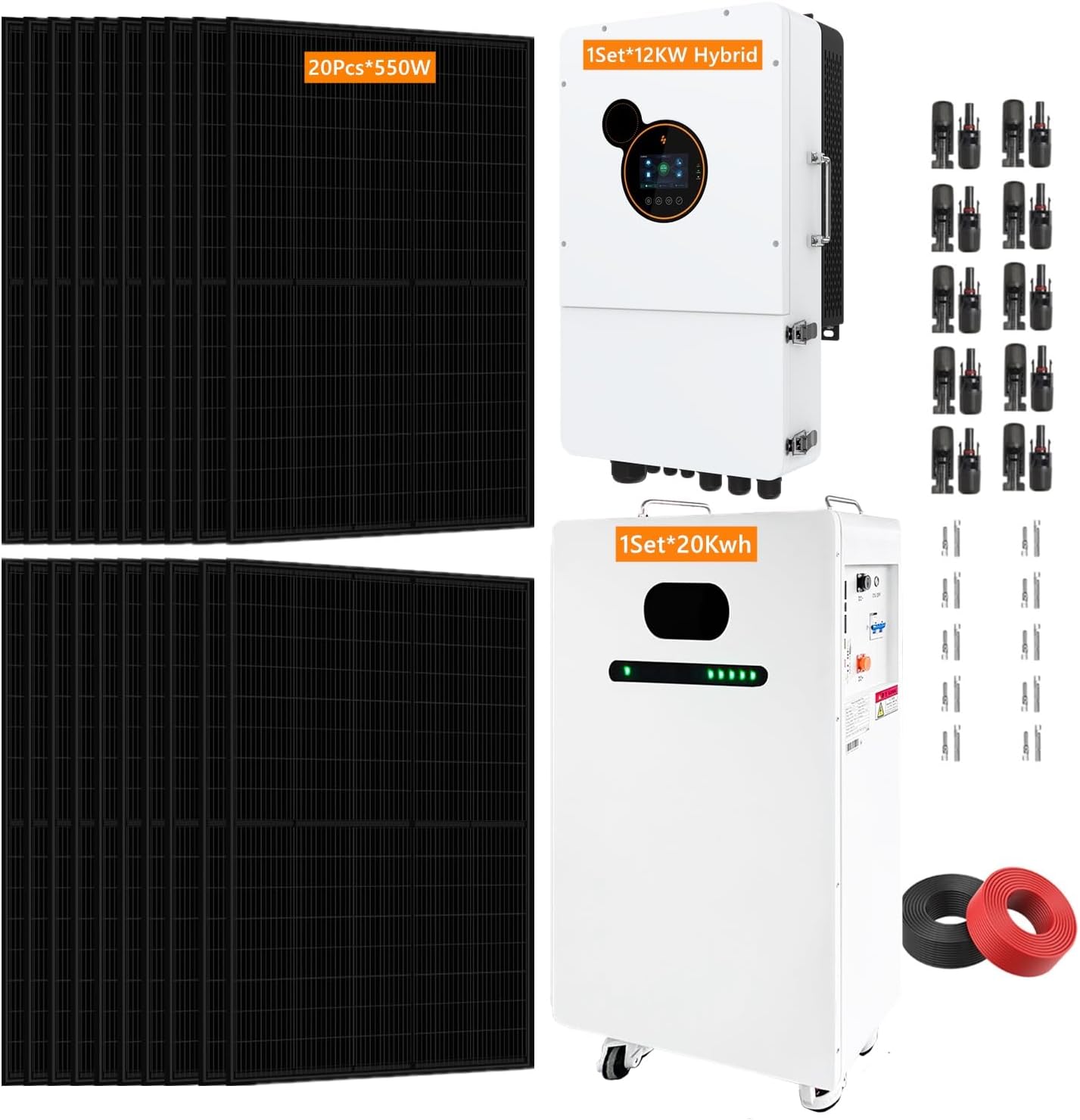 12KW 20KWH Hybrid Solar Power System Complete Kit 22PCS*550W Solar Panel (12KW) + 1Sets*48V 12KW Hybrid Inverter Split Phase Inverter+ 1Sets*51.2V 406Ah 20kwh LiFePO4 Home Lithium Battery