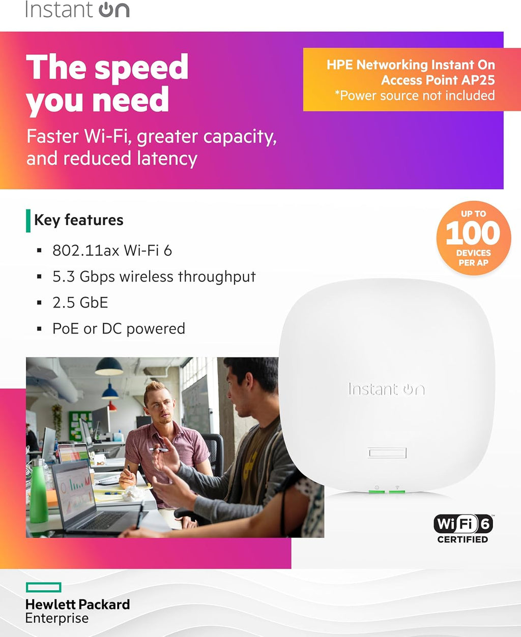 HPE Networking Instant On Access Point AP25 4x4 WiFi 6 Indoor Wireless Access Point | Power Source Not Included | US Model (R9B27A)