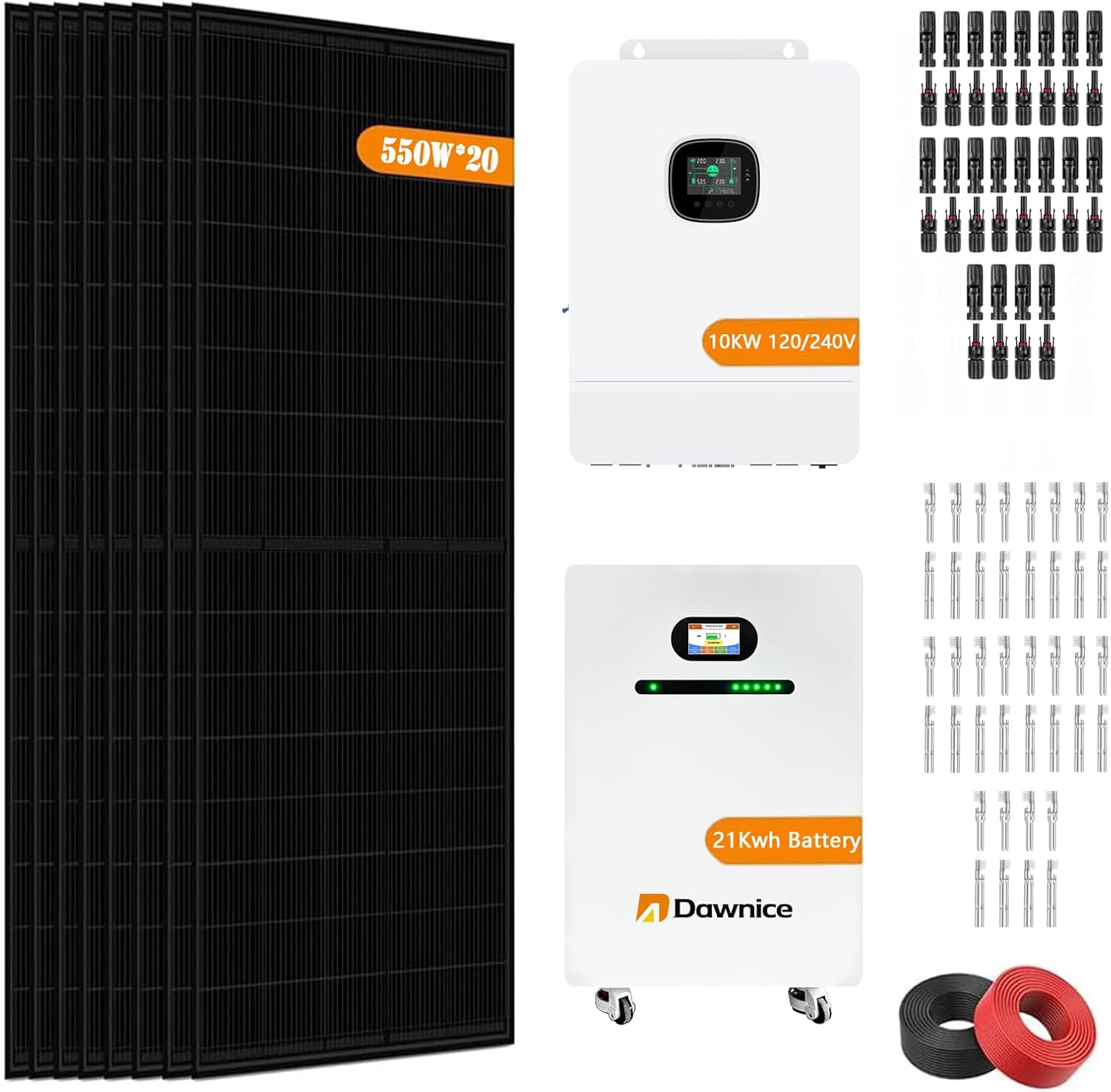 11KW Off-Grid Solar Power System Complete Kit with 20PCS Bificial 550W Solar Panels 10KW Solar Storage Inverter with MPPT Controller 48V 410Ah 21Kwh LiFePO4 Battery 120/240Vac