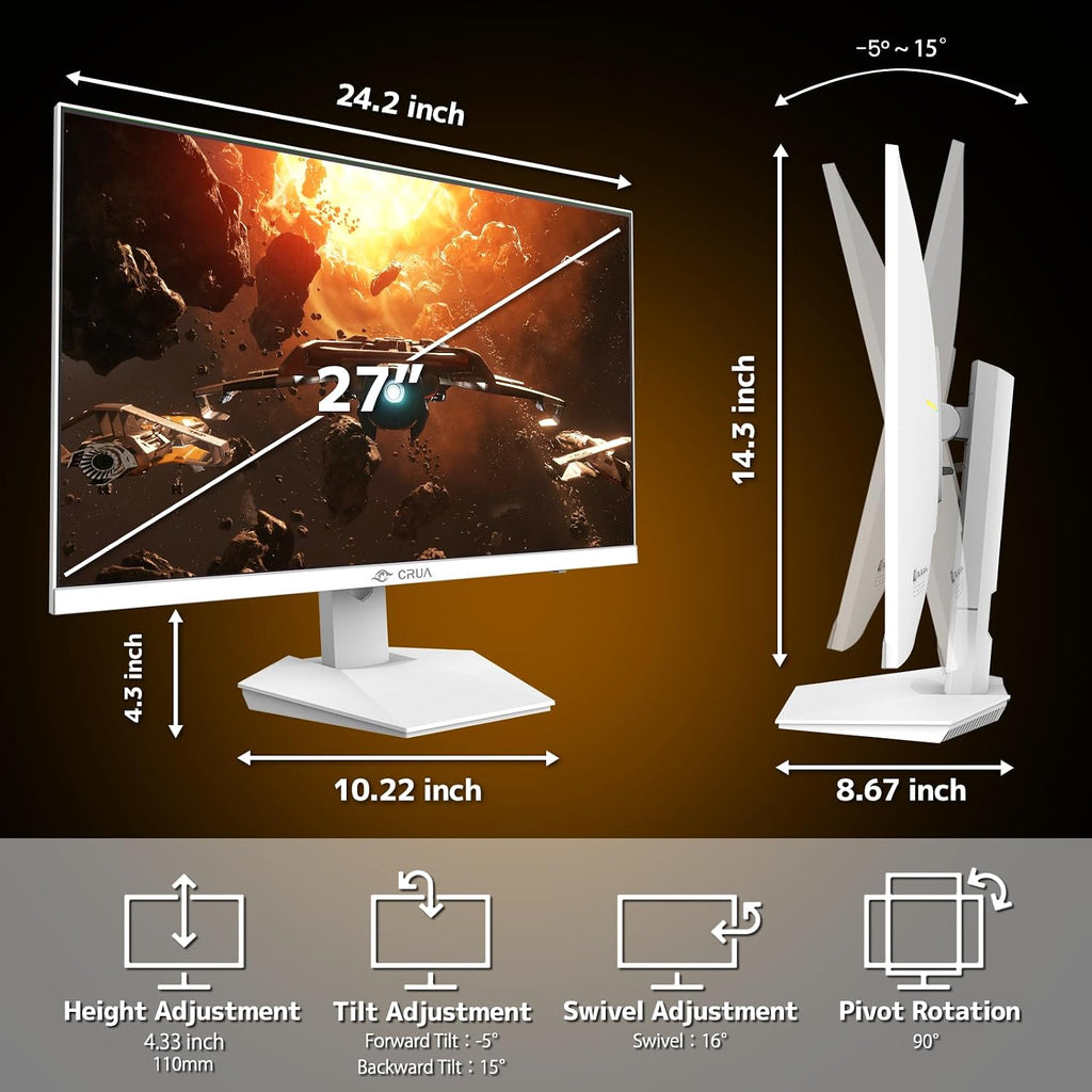 CRUA 27'' 4K Gaming Monitor, UHD 160Hz / FHD 320Hz Dual Mode IPS White Computer Monitors, Rotating/Pivot & Height-Adjustable, AMD FreeSync, Built-in Speakers, PIP/PBP, HDMI 2.1 & DP 1.4