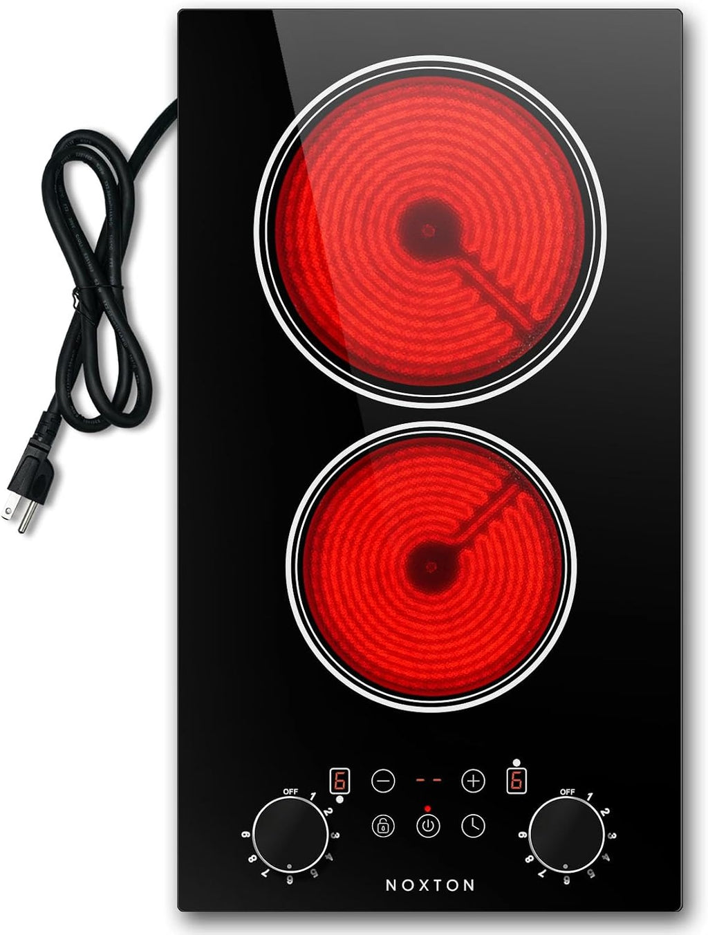 Noxton 2 Burners Electric Cooktop, 12 Inch 110V Radiant Ceramic Stove with Knob & Touch Control, 2000W Built-in or Countertop Electric Hot Plate, Timer, Child Lock, Residual Heat Indicator(B)