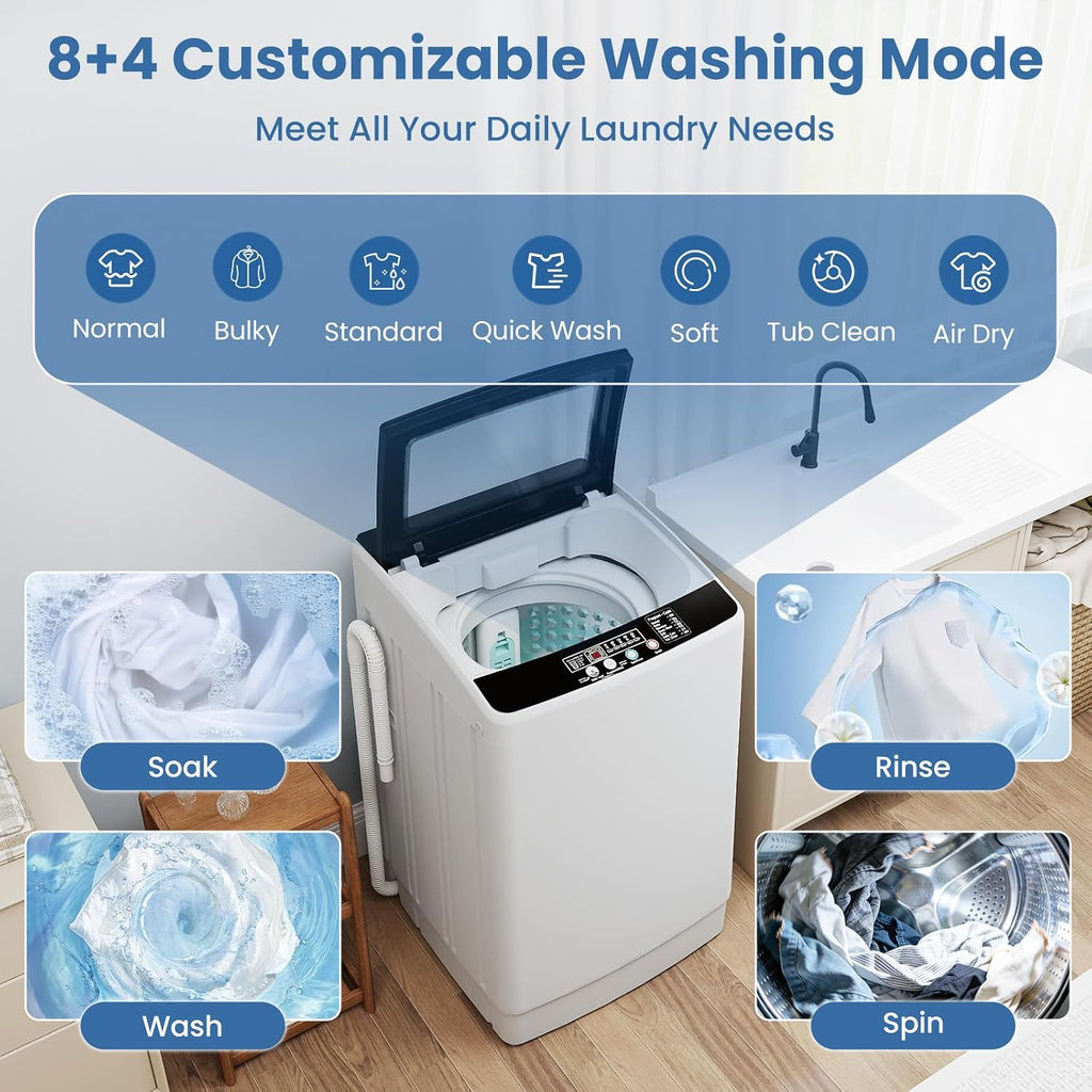 VCJ Portable Washing Machine, 35 LBS Large Capacity Full-Automatic Portable Washer with 12 Wash Cycles, 8 Water Levels & 24H Delay, Compact Electric Laundry Washer for Apartment, Dorms,RVs