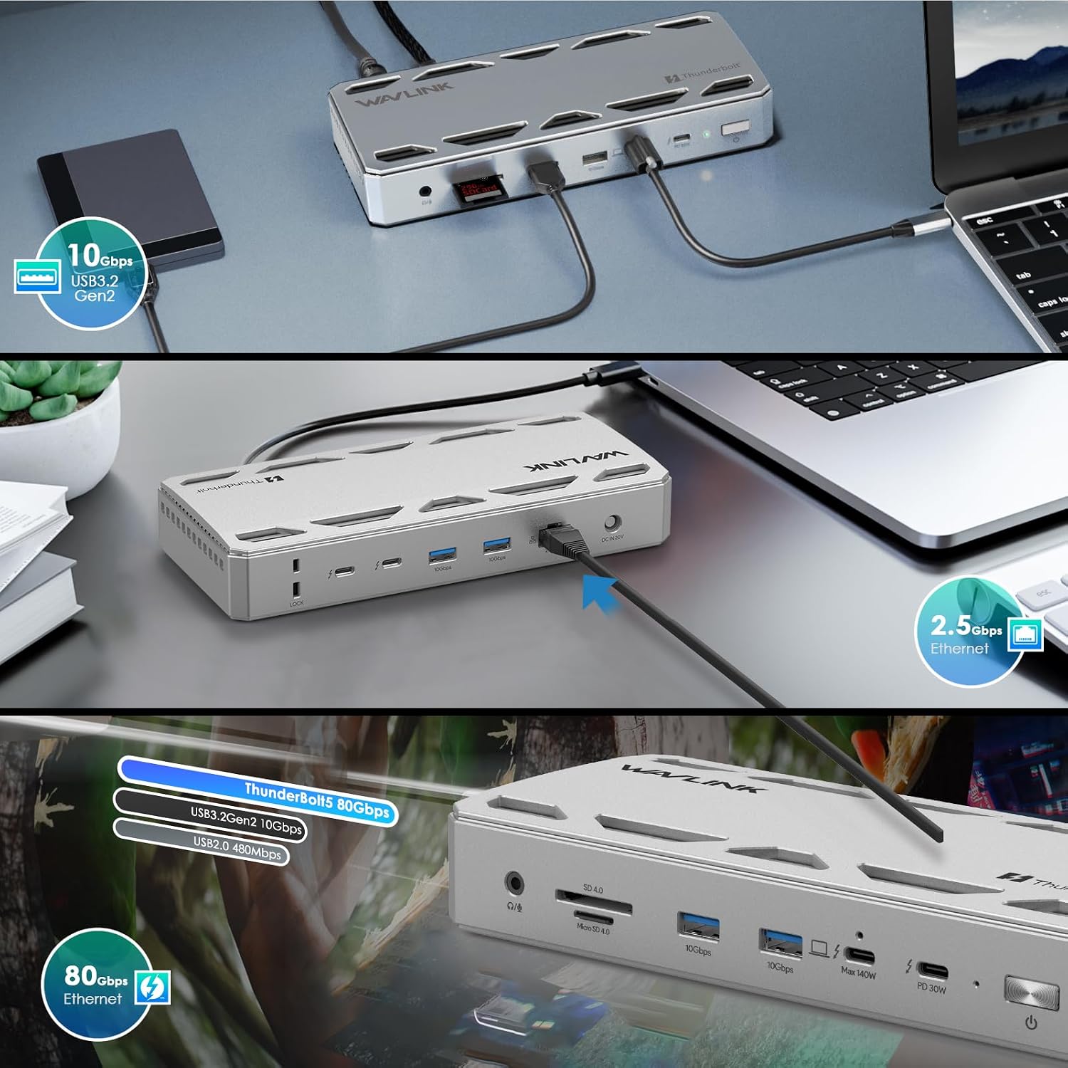 WAVLINK Intel Certified Thunderbolt 5 Dock, 12-in-1 TB5 Docking Station with 120Gbps Max Transfer, 140W PD, 2.5G Ethernet, 4X USB-A 3.2 Gen 2, SD4.0, for Windows 11/Mac OS 14.6 or Later TB5/4 Laptops