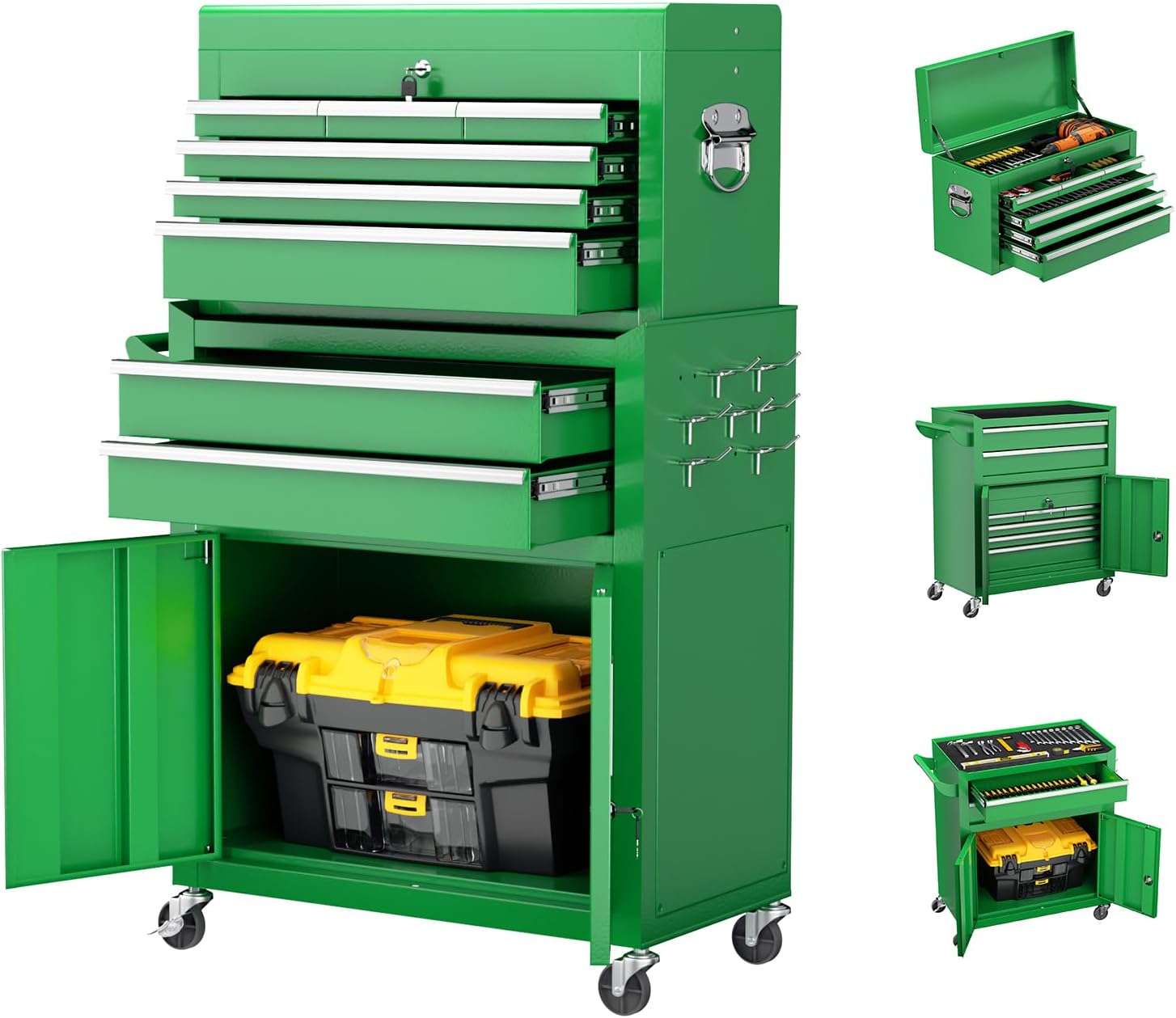 8-Drawer Rolling Tool Chest - Heavy-Duty Steel Tool Cabinet with Detachable Top Box, Locking Wheels & Security System for Garage/Workshop, 2-in-1 Design (Green)