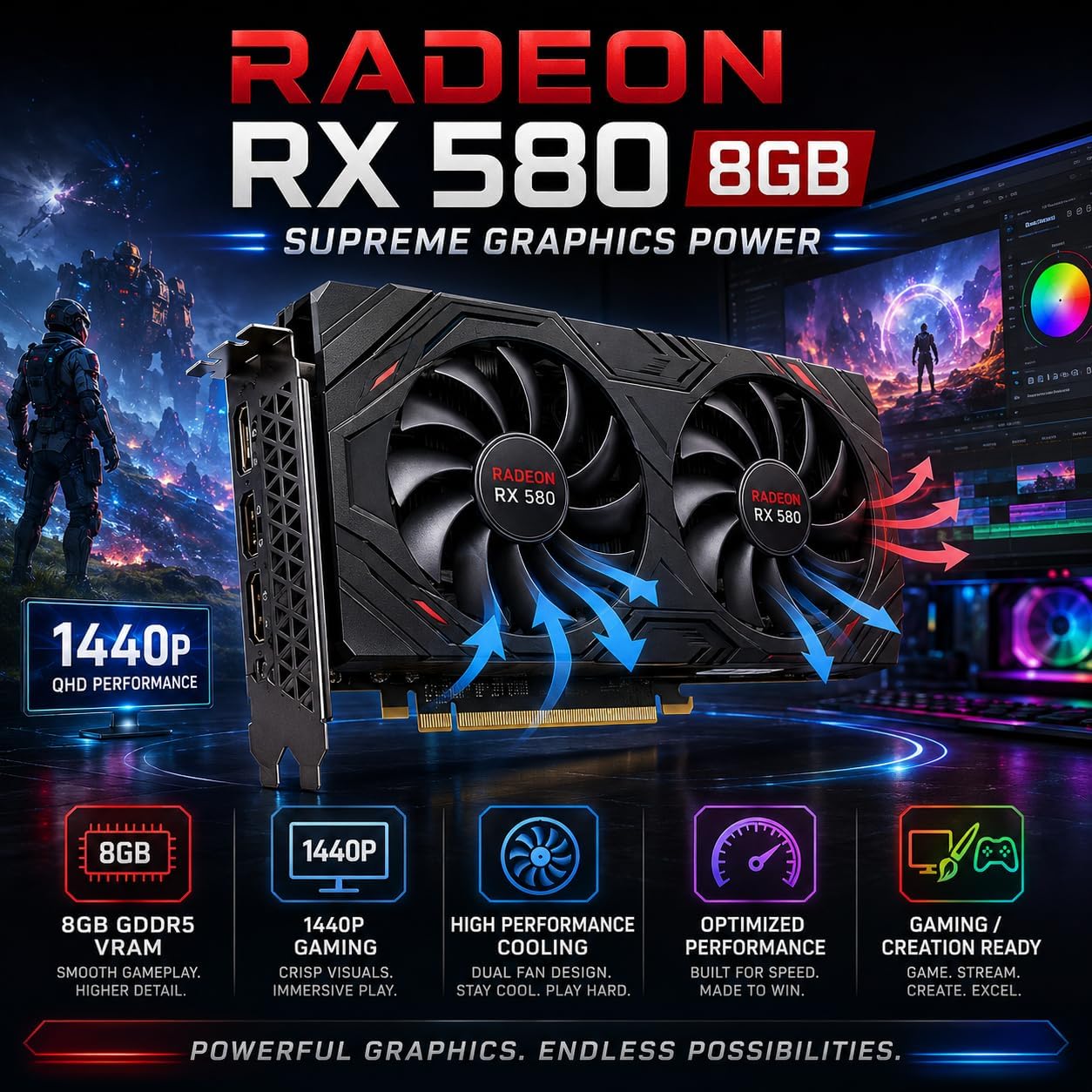 Gaming PC Computer Desktop – i7 Xeon E5 3.20GHz, Radeon RX580 8GB, 16GB RAM, 512GB SSD + 1TB HDD, WiFi 6 & Bluetooth 5.4, 9× ARGB Fans, Windows 11Pro, High-Performance Gaming Tower