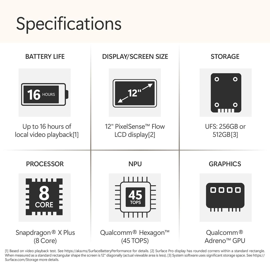 Microsoft Surface Pro 2-in-1 Laptop/Tablet (2025), Windows 11 Copilot+ PC, 12' Touchscreen Display, Snapdragon X Plus (8 Core), 16GB RAM, 256GB Storage, Platinum