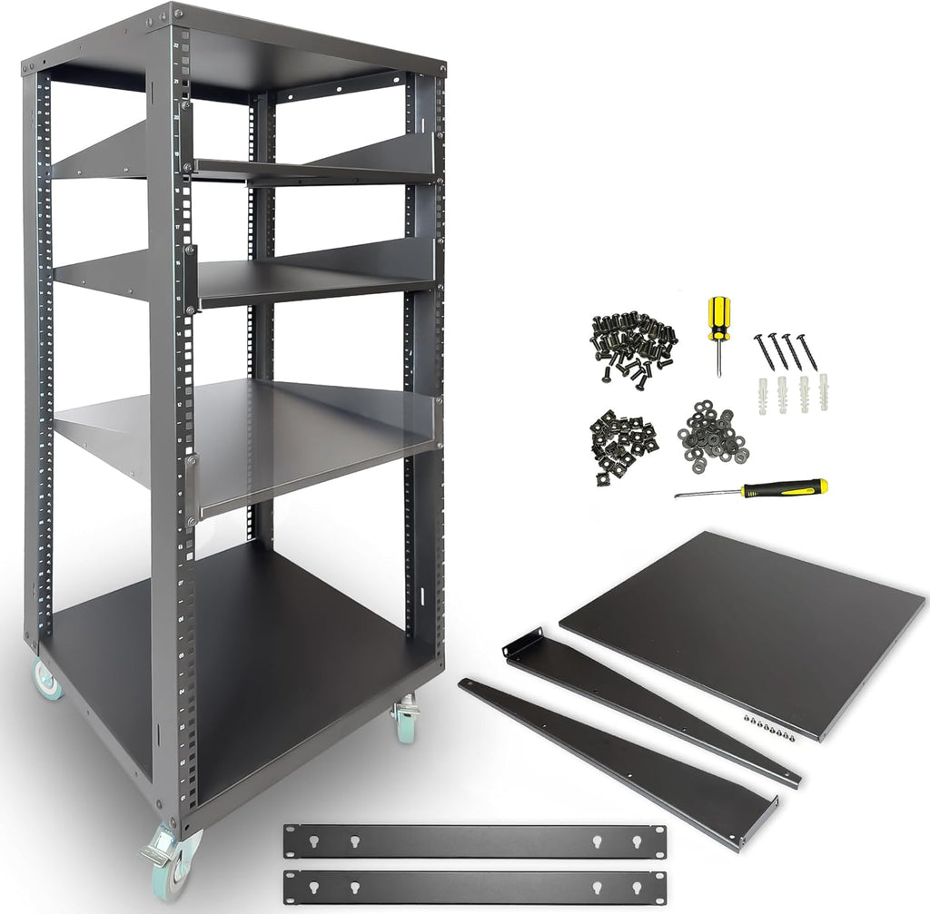 AxcessAbles 22U Open Frame Network & AV Rack with Caster Wheels, Three 2U Shelves, 10-32 & Cage Nut Compatible Rails, Cage Nuts, Screws, Cage Nut Tool & Wall Mount Kit | 19-Inch Equipment Rack