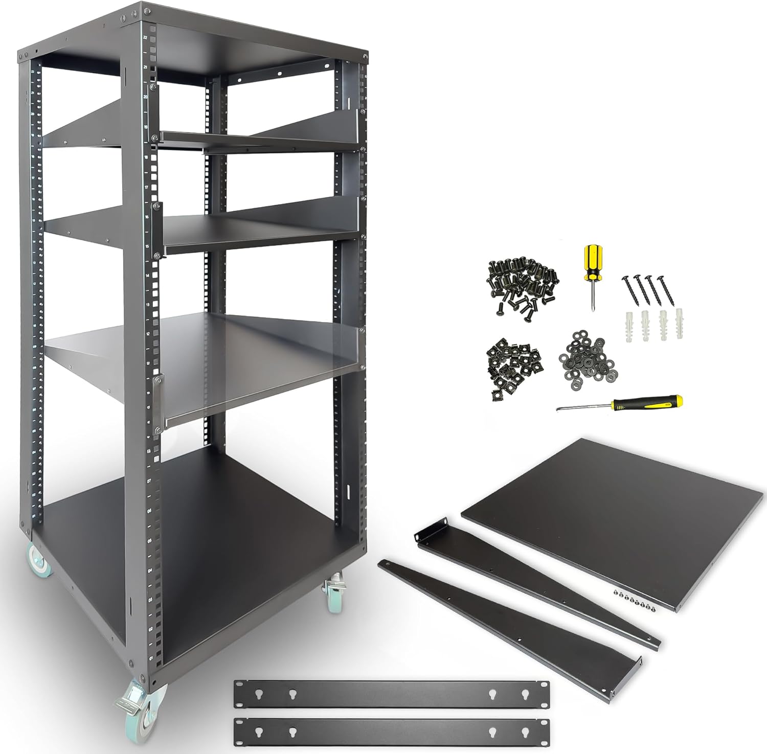 AxcessAbles 22U Open Frame Network & AV Rack with Caster Wheels, Three 2U Shelves, 10-32 & Cage Nut Compatible Rails, Cage Nuts, Screws, Cage Nut Tool & Wall Mount Kit | 19-Inch Equipment Rack