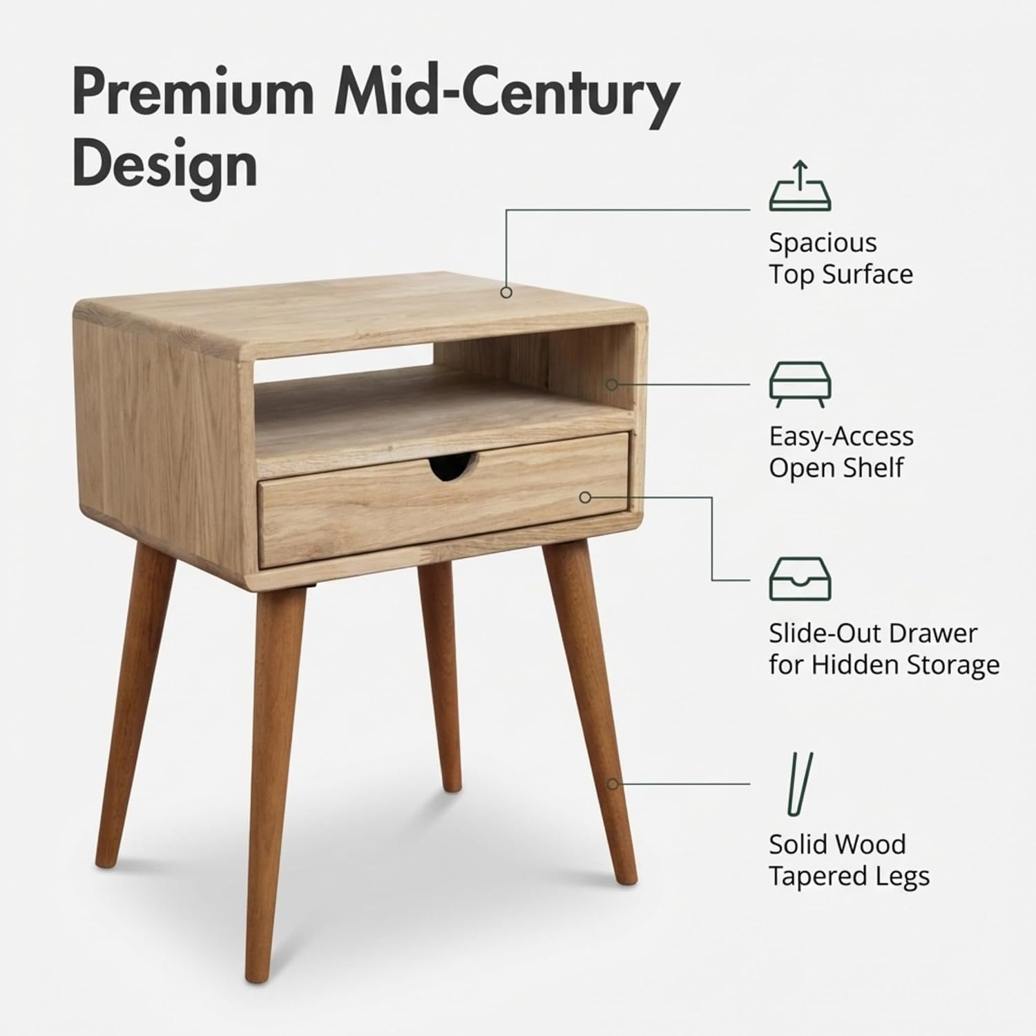 Ultimate Premium Products Mid Century Nightstand with Drawer Solid Oak Bedside Table with Shelf Nightstand Organizer Unique Style Handmade Bedroom Furniture - Oak