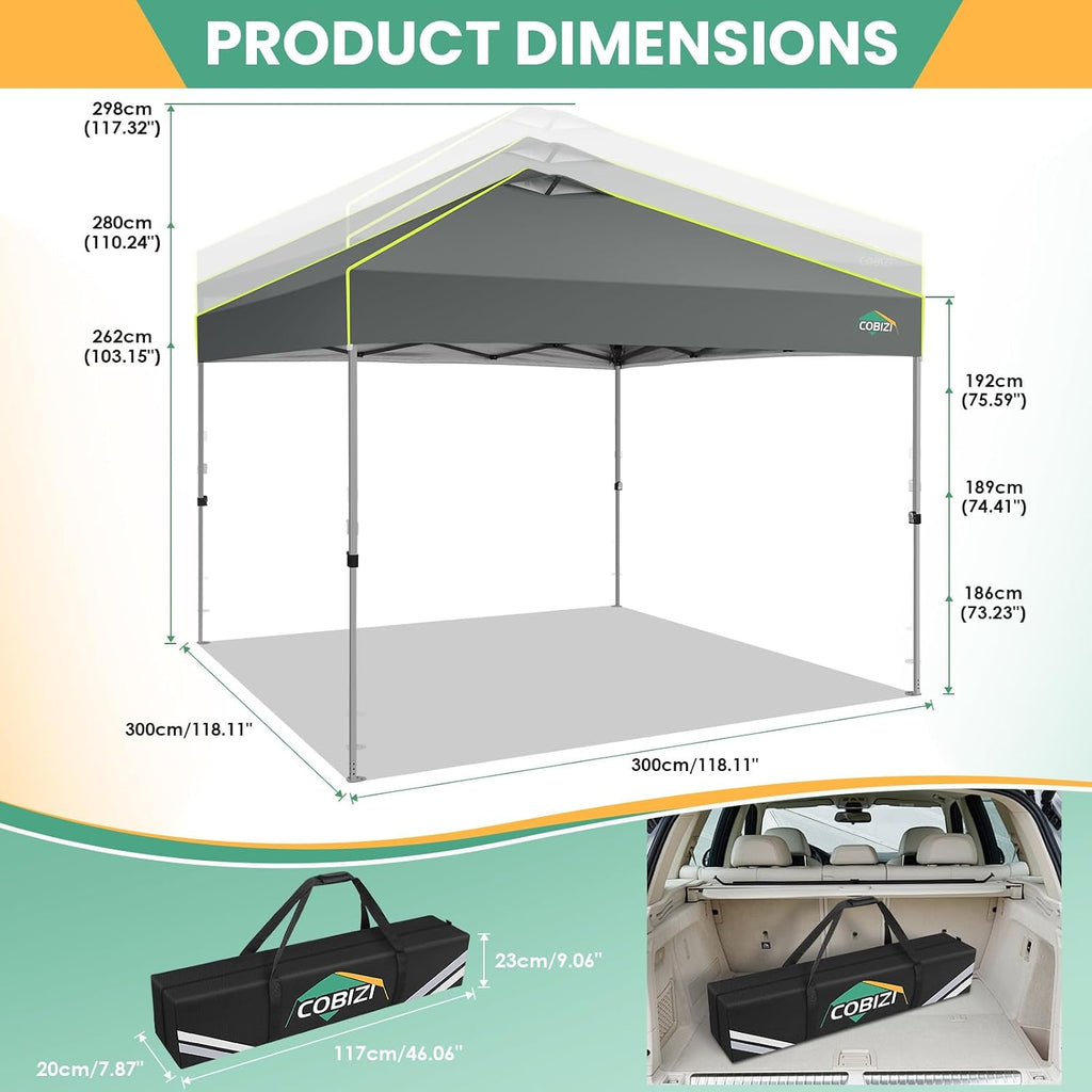 COBIZI 10x10 Pop Up Canopy Tent, Outdoor Party Tent with 4 Sidewall One Push Setup Glow, 3 Adjustable Height Air Vent Waterproof UPF50+, Bag, 4 Sandbag, 8 Stake, 4 Rope for Beach, Commercial