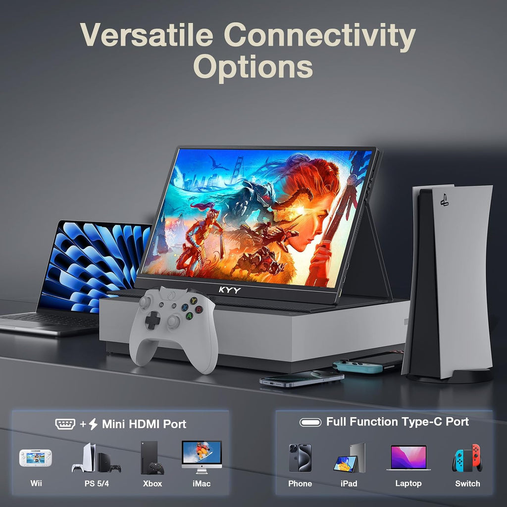 KYY 4K Portable Monitor – 15.6' UHD IPS Travel Display, Slim & Lightweight Design, HDMI & USB-C Inputs, Perfect for PS5, Xbox, Switch, Laptops, Phones, and On-the-Go Professionals, K5
