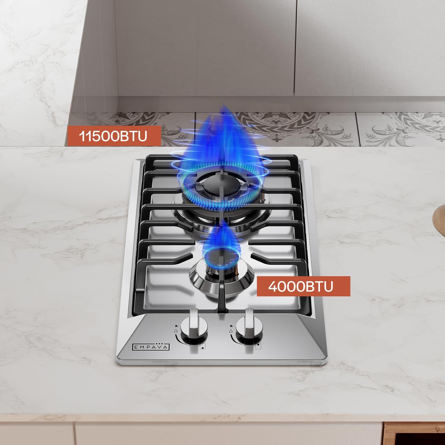 Empava 12' Gas Stove Cooktop with 2 Italy Sabaf Sealed Burners NG/LPG Convertible in Stainless Steel, 12 Inch
