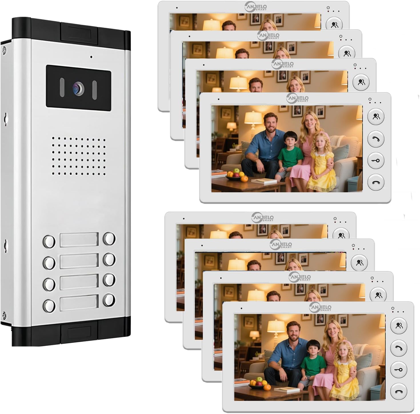 ANJIELO SMART Wired Video Apartment Intercom System,2/3/4/5/6/8/10/12 Units Family 7 inch Monitor Video Door Phone Kit,Indoor Outdoor Video Doorbell,2 Way Audio for Home (1 Doorbell + 8 Monitor)