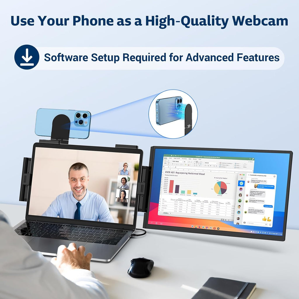 HONGO Portable Studio Display 15.6' FHD IPS 1080P Monitor — Laptop Screen Extender & Phone/Pad Mount for 14–16' Laptops, Turn Phone into Webcam + Keyboard Control (Third‑Party App Required)