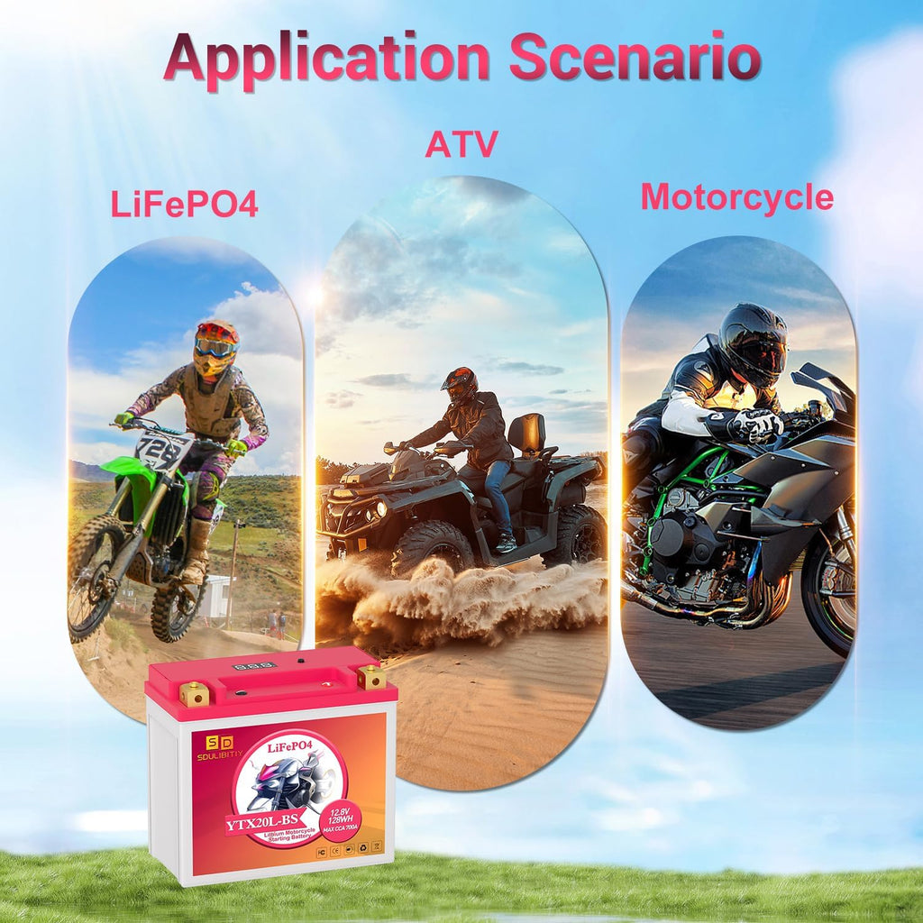 Lithium Motorcycle Battery LiFePO4 YTX20L-BS 12.8V 10Ah 700CCA For Motorcycle Compatible ATV, UTV, Jet Ski, 4 wheeler, Scooter, PWC, Seadoo, Polaris