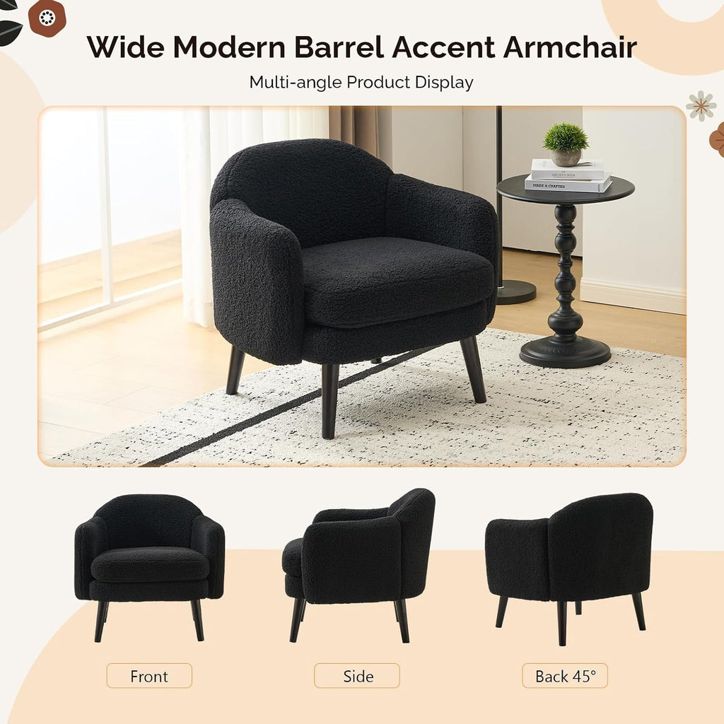 VINGLI 30.3' Wide Modern Barrel Accent Armchair with Track Armrest, Solid Wooden Legs, Comfy Upholstered Club Chair, Round Single Home Sofa for Living Room, Bedroom, Reading Room,Teddy Fleece Black