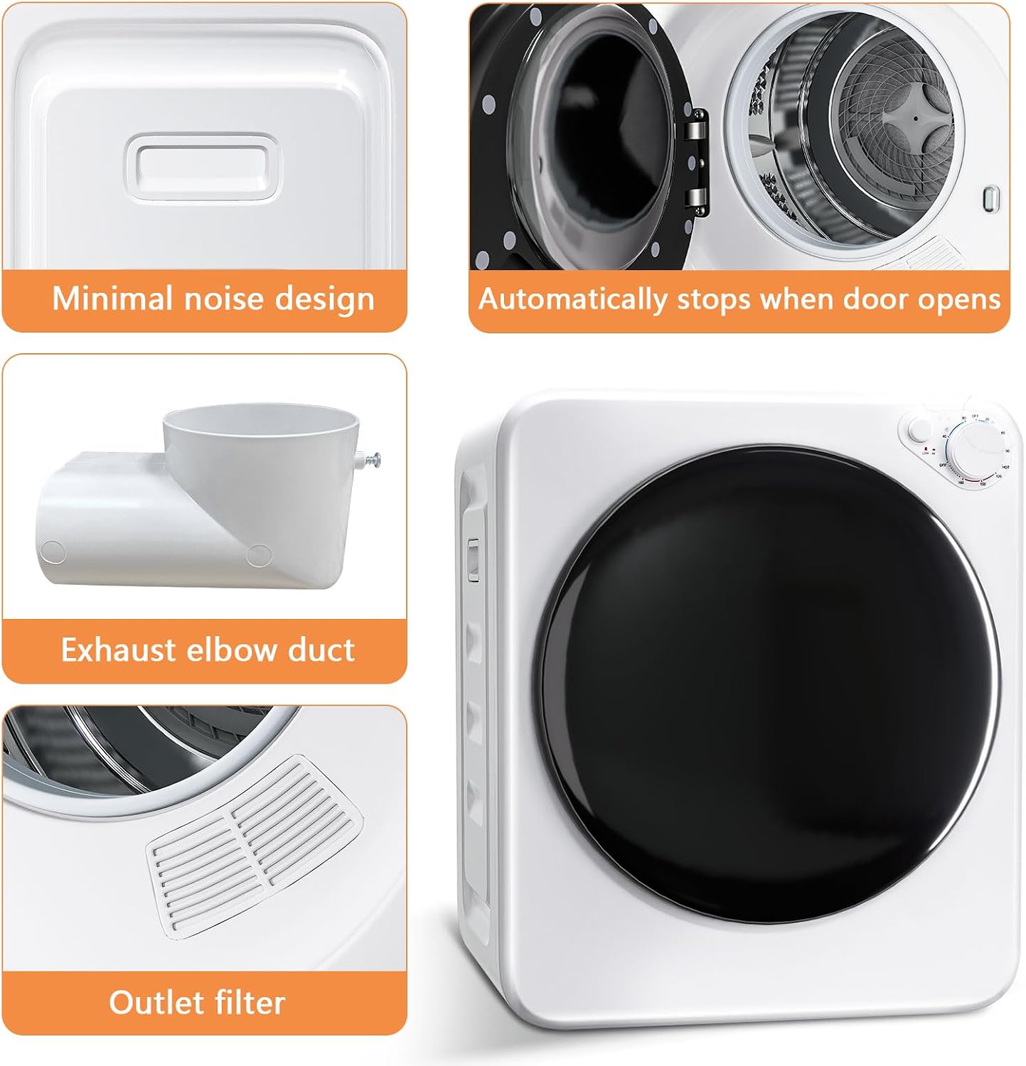 DOGHLY 1.8 cu.ft Portable Clothes Dryer, 800W Compact Dryer with Stainless Steel Tub, 5 Modes Auto Stop & Easy Control Small Dryer Machine, Ideal for Laundry, Apartments, Dorms, RVs, White