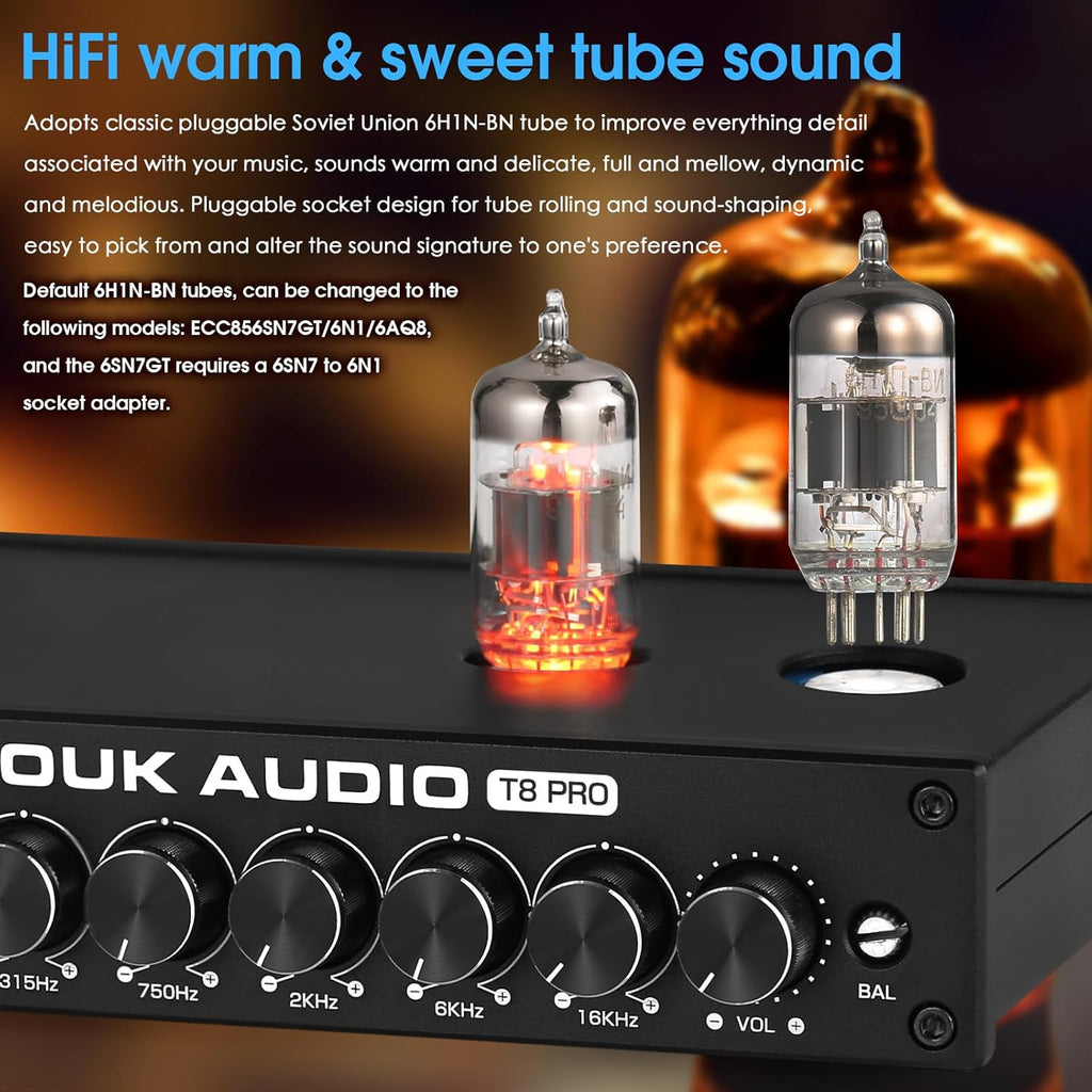 Douk Audio Balanced EQ Preamp: 7-Band Equalizer - Vacuum Tube Preamplifier with XLR RCA Inputs & Outputs - for Home Stereo HiFi System, Amplifiers, Active Speakers (T8 PRO Black)
