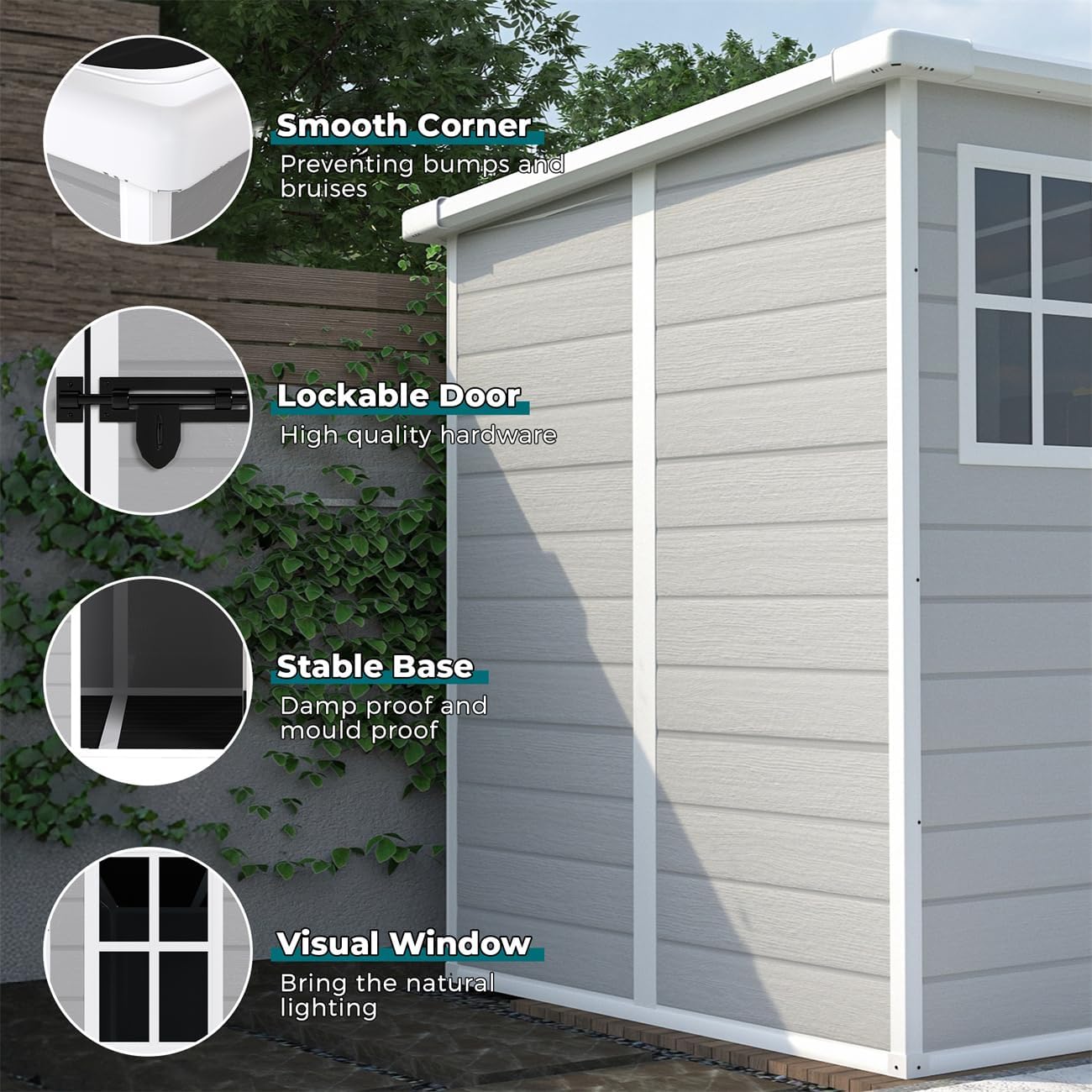 6 x 6 FT Storage Shed, Waterproof Resin Outdoor Storage Shed with Floor & Window & Lockable Doors and Vents, Tool Shed for Bike, Garden, Backyard, Lawn, All Weather Use, Light Grey