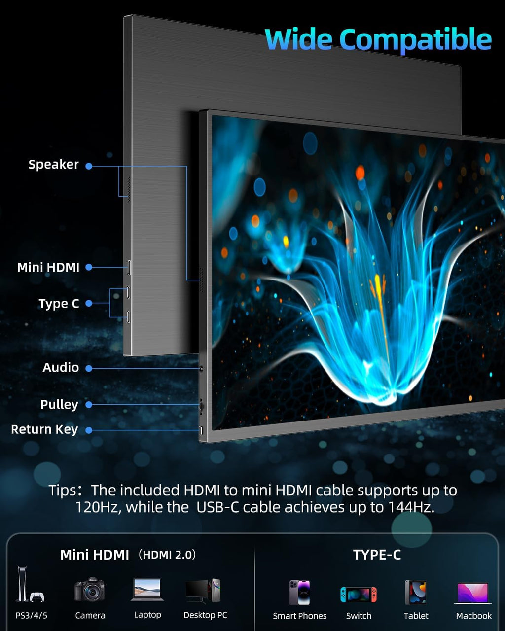 UPERFECT 18' QLED Portable Monitor, 2K 2560×1600, 144Hz Gaming Display, 400 Nits Brightness, FreeSync HDR, 100% DCI-P3, Ultra-Slim USB-C/HDMI Monitor for Laptop MacBook Phone Game Console, VESA Mount