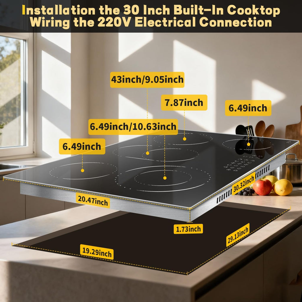 Hobsir 30 Inch Electric Cooktop, 5 Burners Cooktop, Electric Stove Top Burner, 8400W Drop-in Ceramic Stove Cooktops with Glass Metal Frame, Timer, Safety Lock, 220-240V, Hard Wired (No Plug) Cooktops