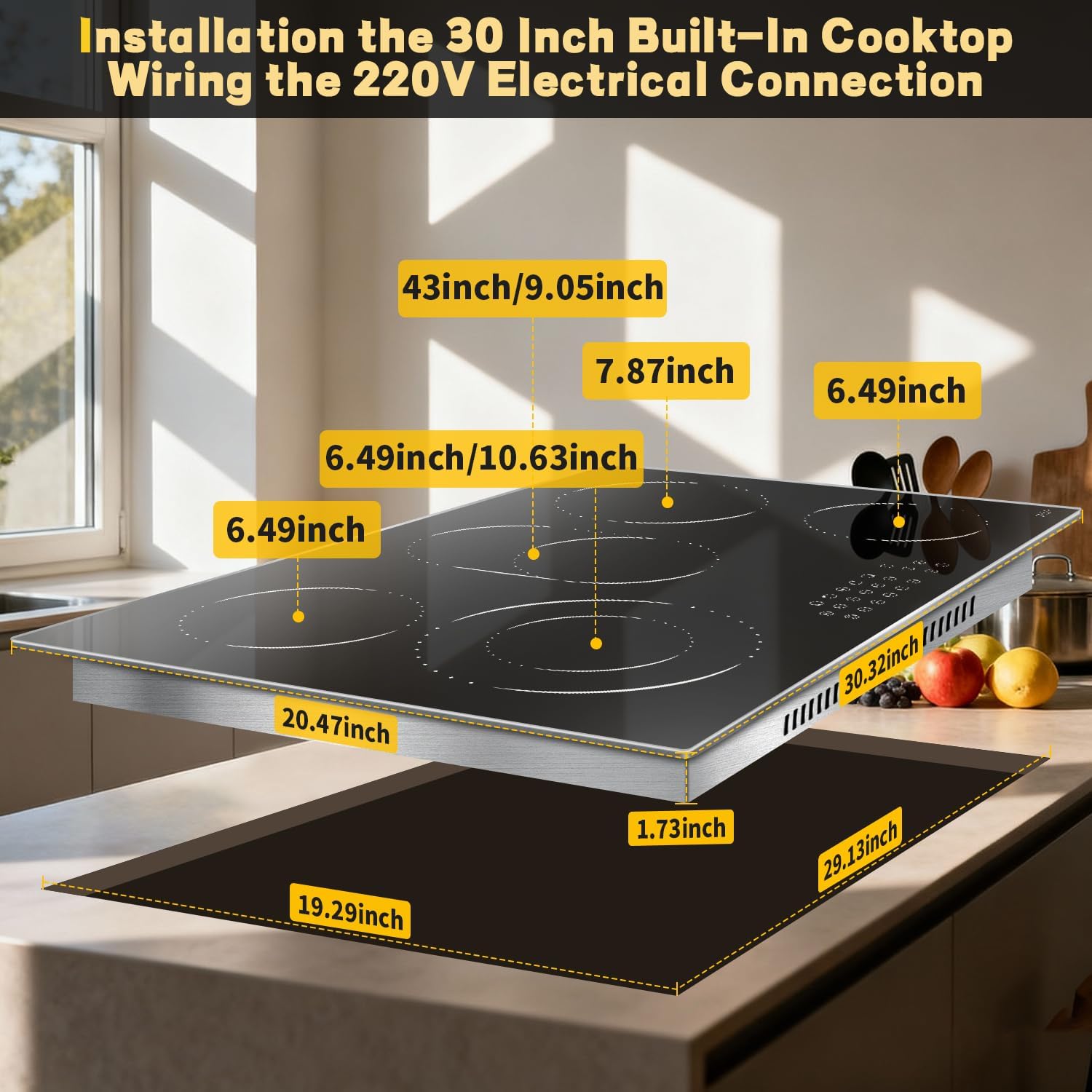 Hobsir 30 Inch Electric Cooktop, 5 Burners Cooktop, Electric Stove Top Burner, 8400W Drop-in Ceramic Stove Cooktops with Glass Metal Frame, Timer, Safety Lock, 220-240V, Hard Wired (No Plug) Cooktops