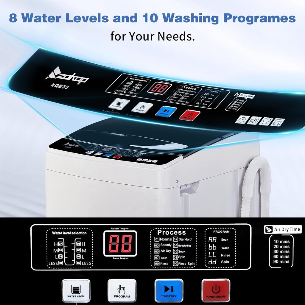15.6lbs Full-Automatic Washing Machine, 1.3 Cu.Ft Portable Compact Washer and Spin Dryer Combo Built-in 10 Programs & 8 Levels, Stainless Steel Drum, Drain Pump for Apartments, RVs, Dorms