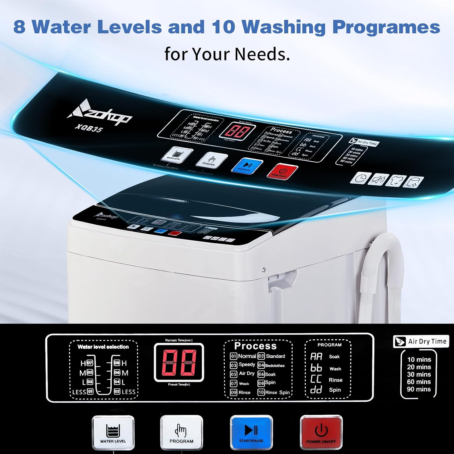 15.6lbs Full-Automatic Washing Machine, 1.3 Cu.Ft Portable Compact Washer and Spin Dryer Combo Built-in 10 Programs & 8 Levels, Stainless Steel Drum, Drain Pump for Apartments, RVs, Dorms