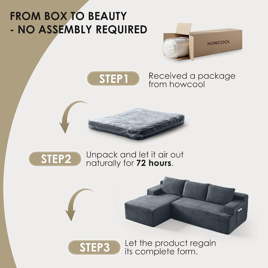 Modular Sectional Sofa Couches, 96' L-Shaped Cloud Boneless Couch with Left Chaise Lounge & Side Pockets for Living Room | No Assembly Required | Corduroy Fabric, Dark Gray