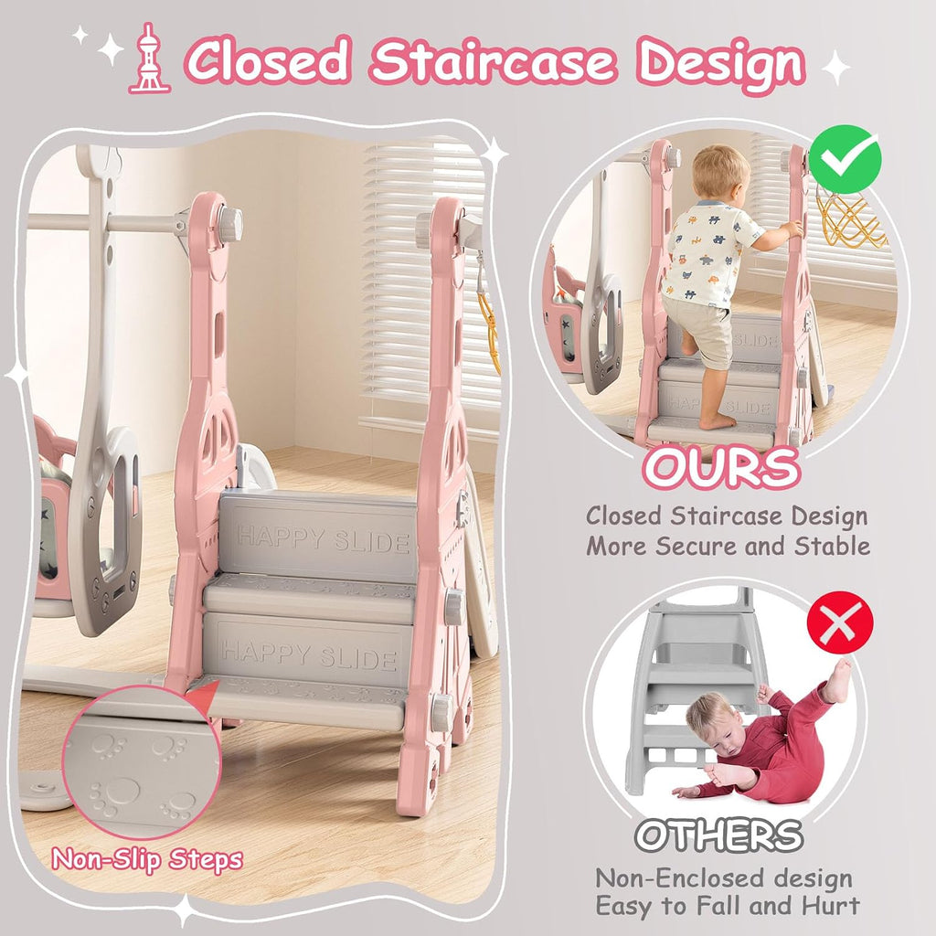 BIERUM Toddler Slide and Swing Set - Baby Slide for Toddlers Age 1-2, with Basketball Hoop, Indoor Outdoor Playset Pink Gray